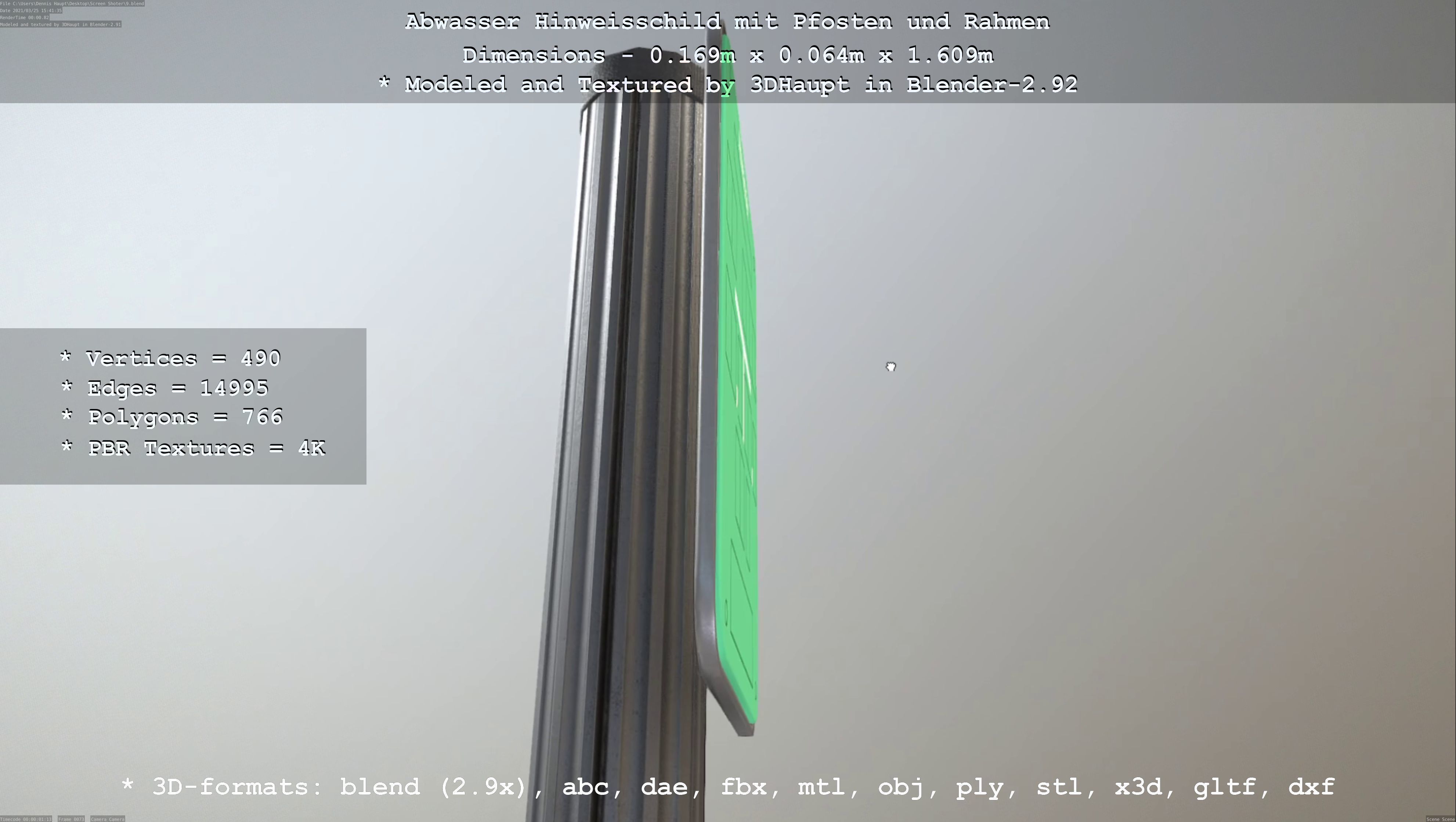 Hinweisschild Abwasser mit Pfosten und Rahmen Low-poly 3D model_2