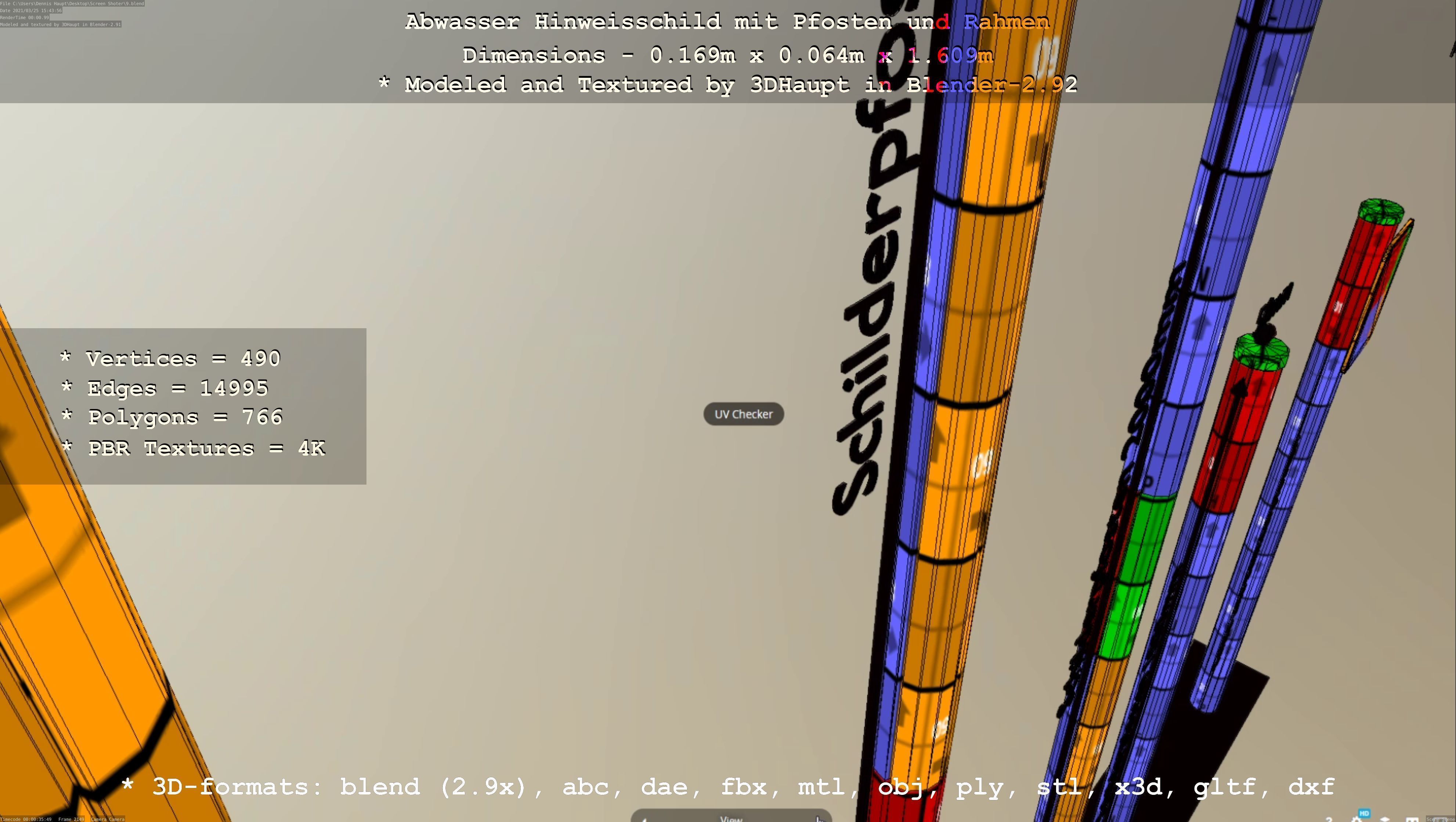 Hinweisschild Abwasser mit Pfosten und Rahmen Low-poly 3D model_20