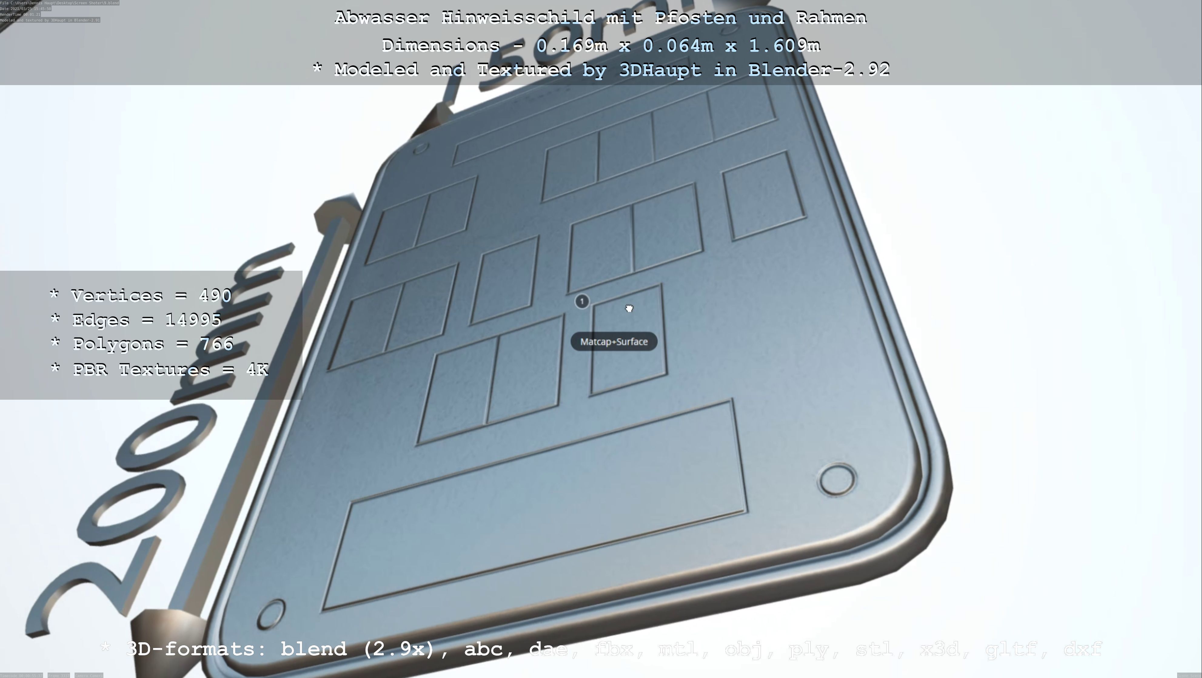 Hinweisschild Abwasser mit Pfosten und Rahmen Low-poly 3D model_30