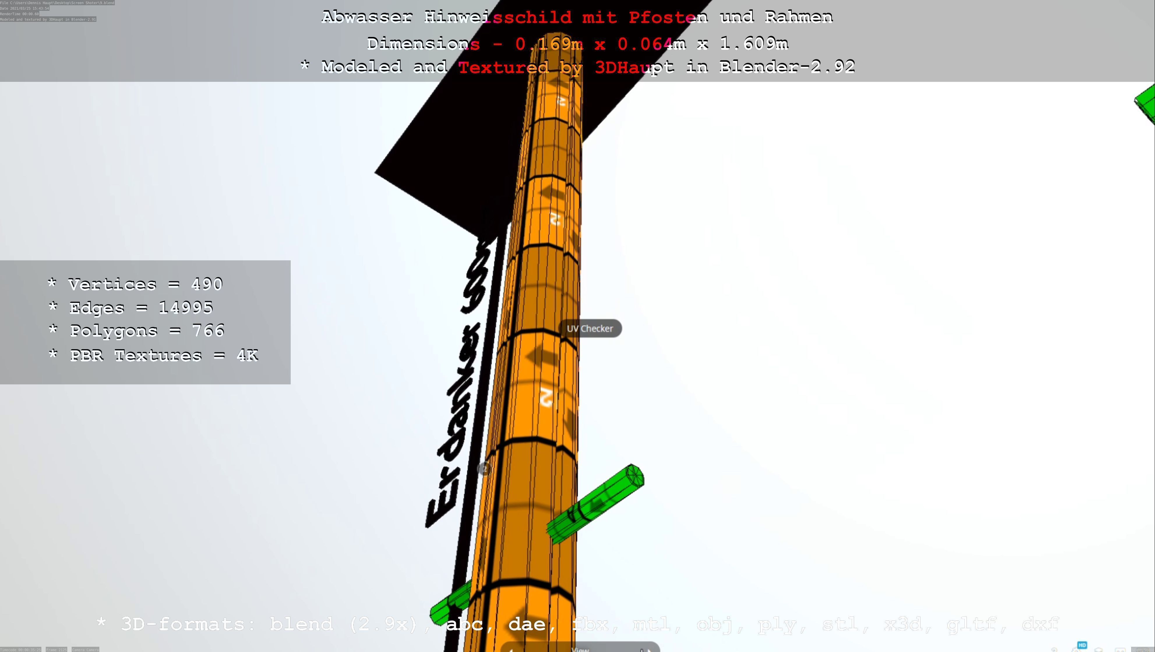 Hinweisschild Abwasser mit Pfosten und Rahmen Low-poly 3D model_19