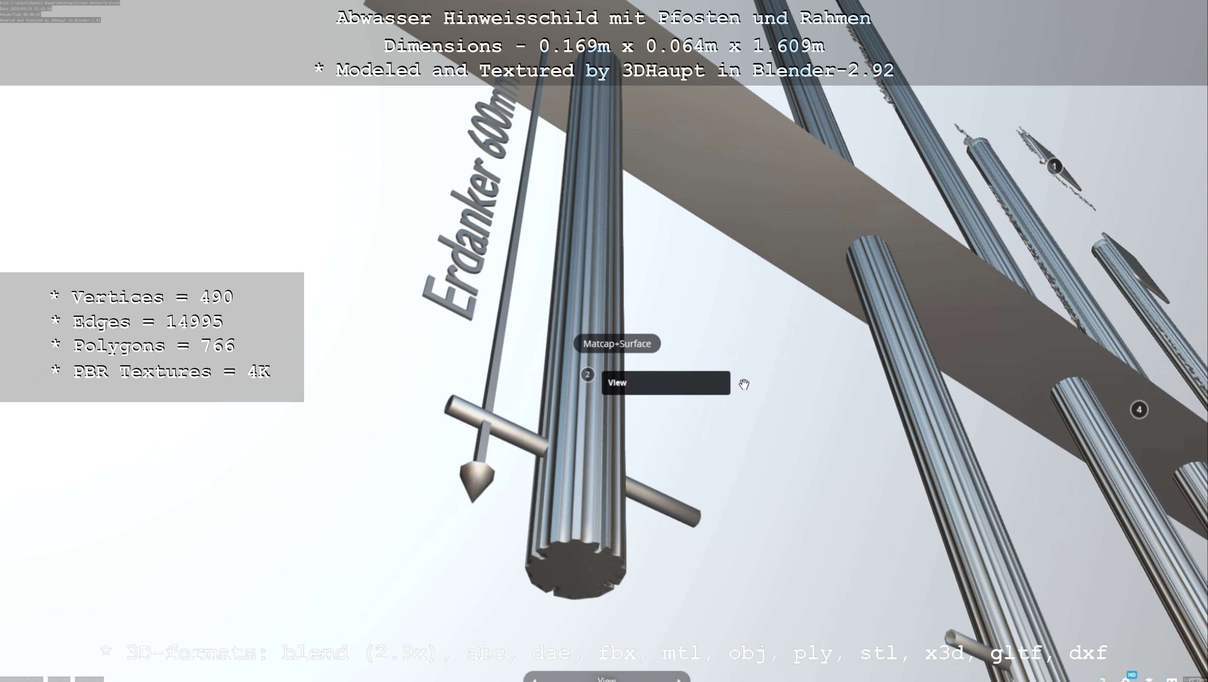 Hinweisschild Abwasser mit Pfosten und Rahmen Low-poly 3D model_47