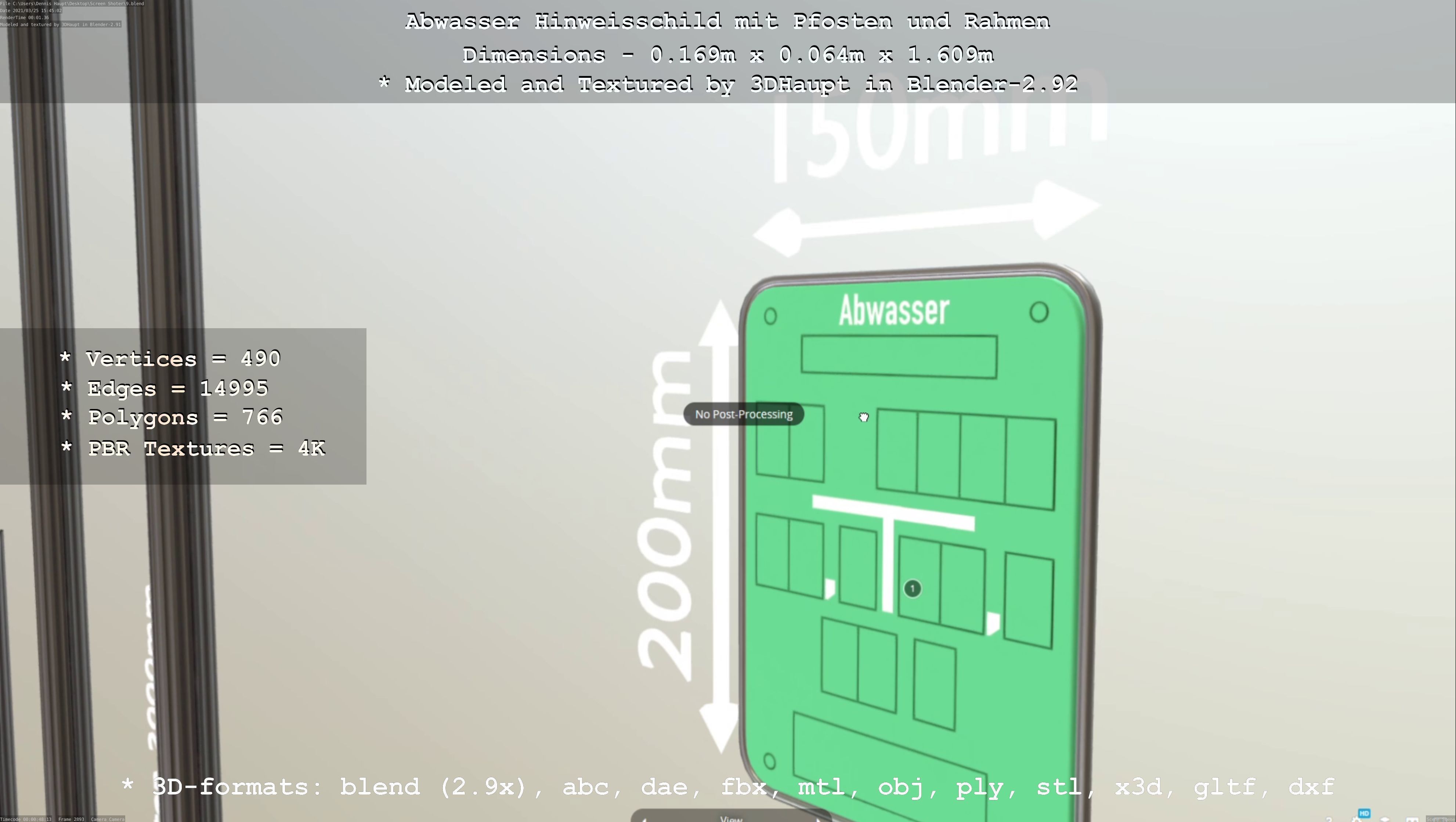 Hinweisschild Abwasser mit Pfosten und Rahmen Low-poly 3D model_86