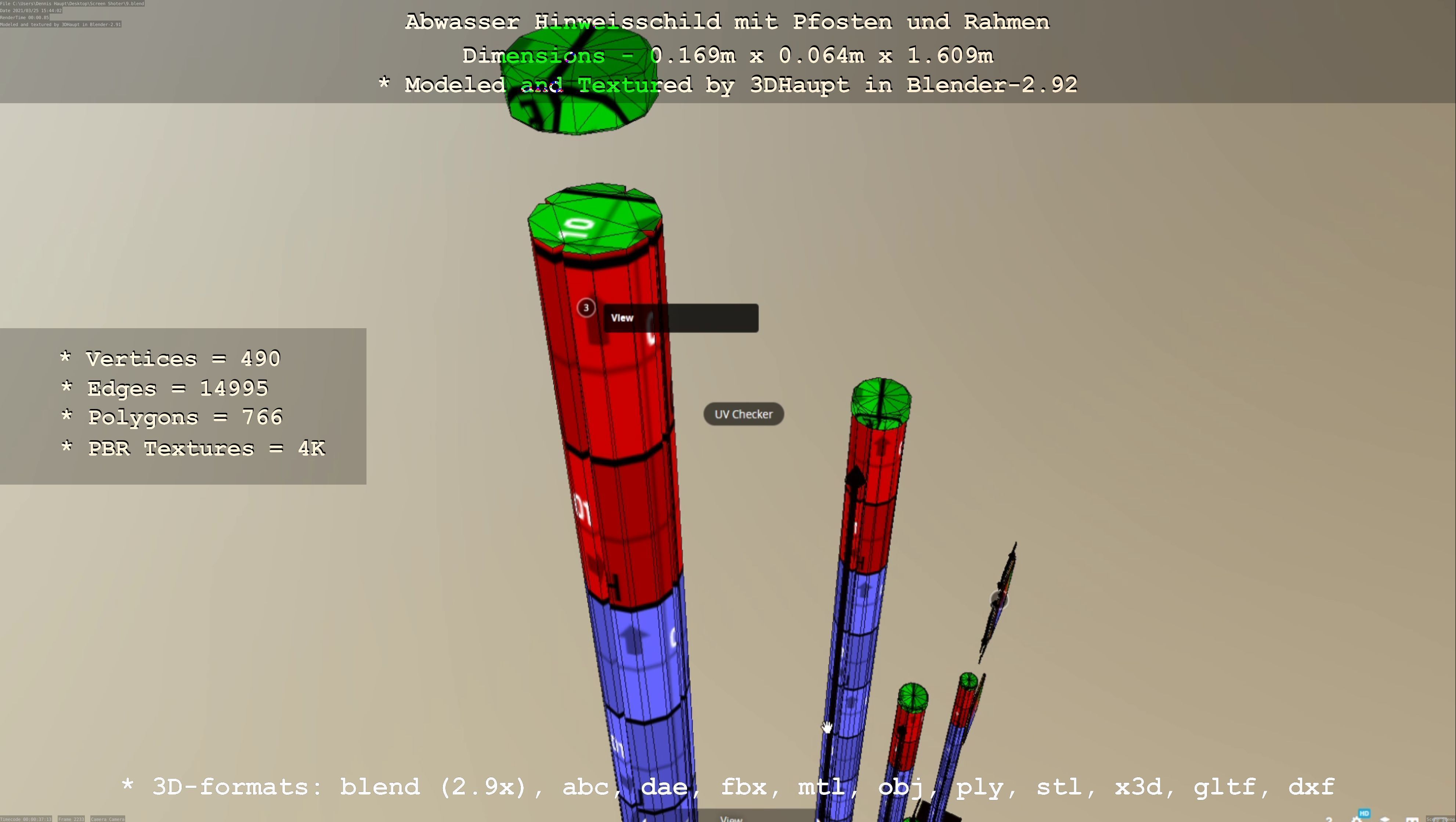 Hinweisschild Abwasser mit Pfosten und Rahmen Low-poly 3D model_66
