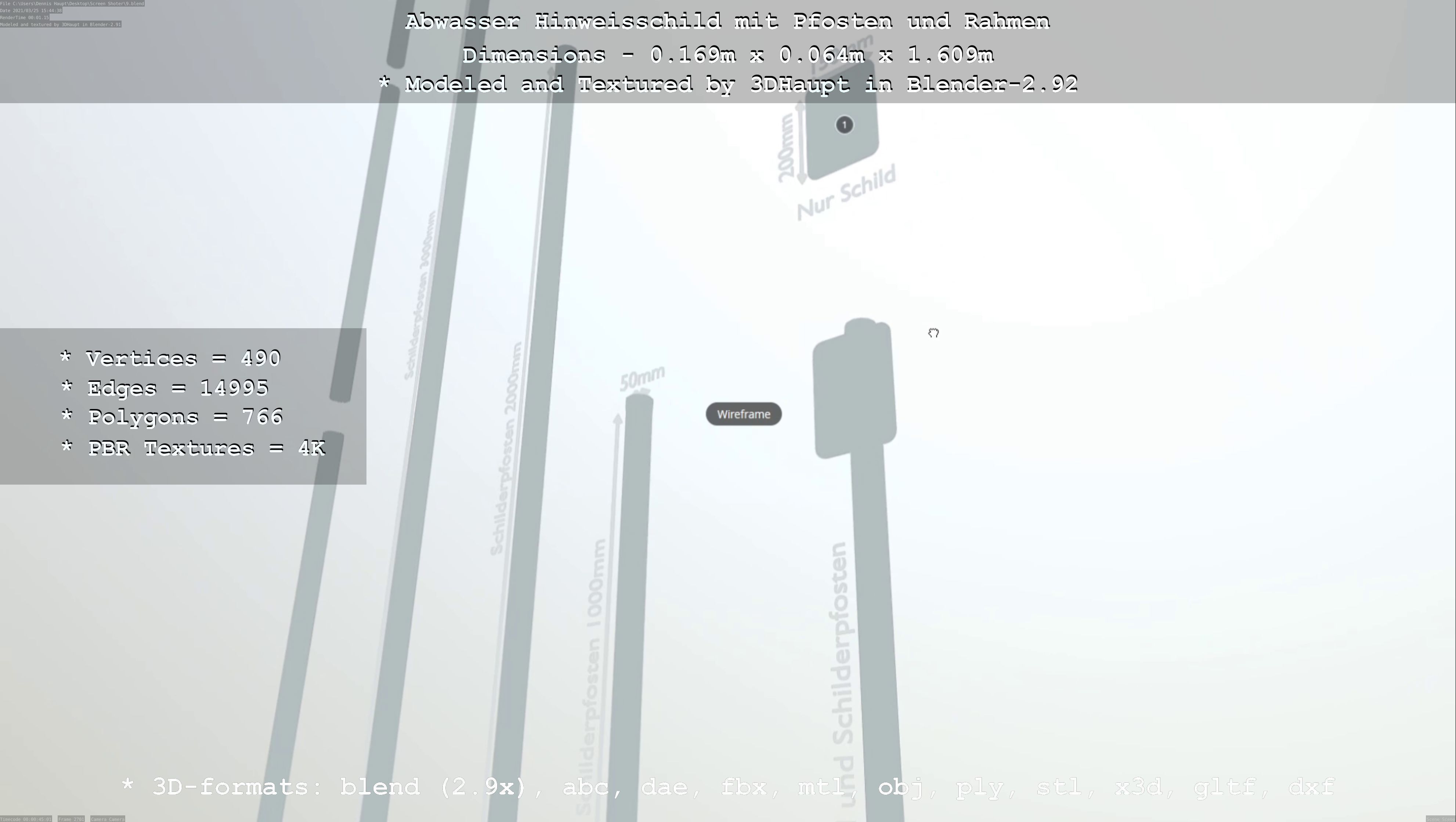 Hinweisschild Abwasser mit Pfosten und Rahmen Low-poly 3D model_80