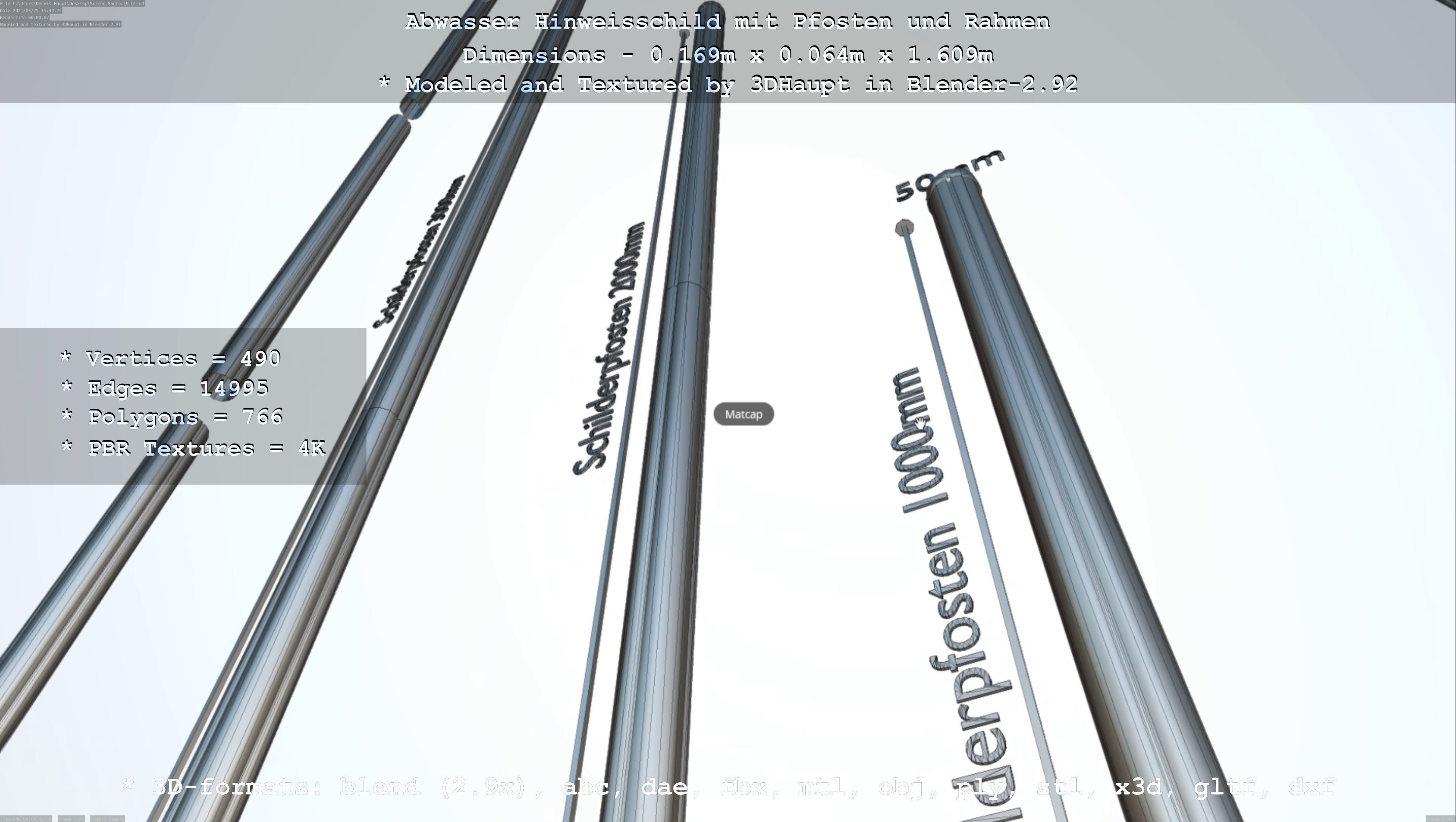 Hinweisschild Abwasser mit Pfosten und Rahmen Low-poly 3D model_21