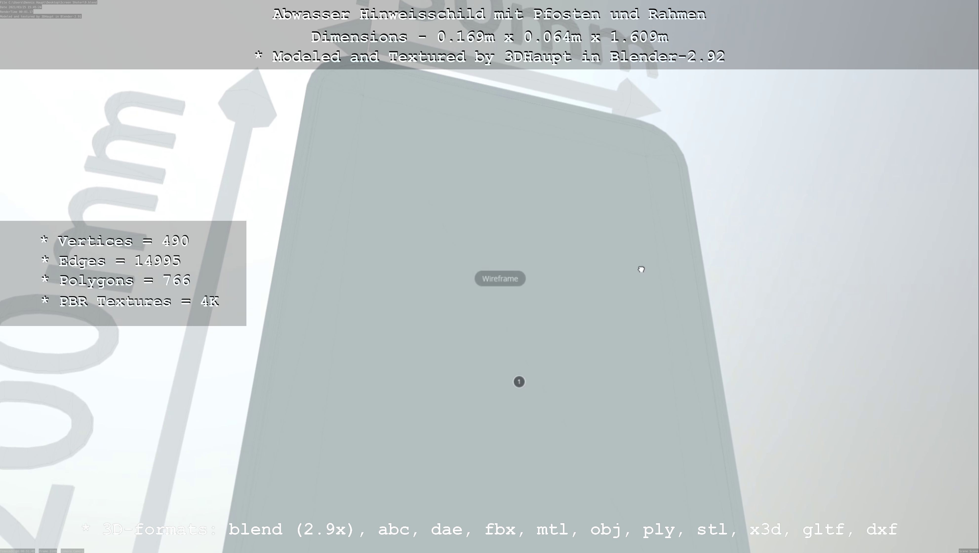 Hinweisschild Abwasser mit Pfosten und Rahmen Low-poly 3D model_92