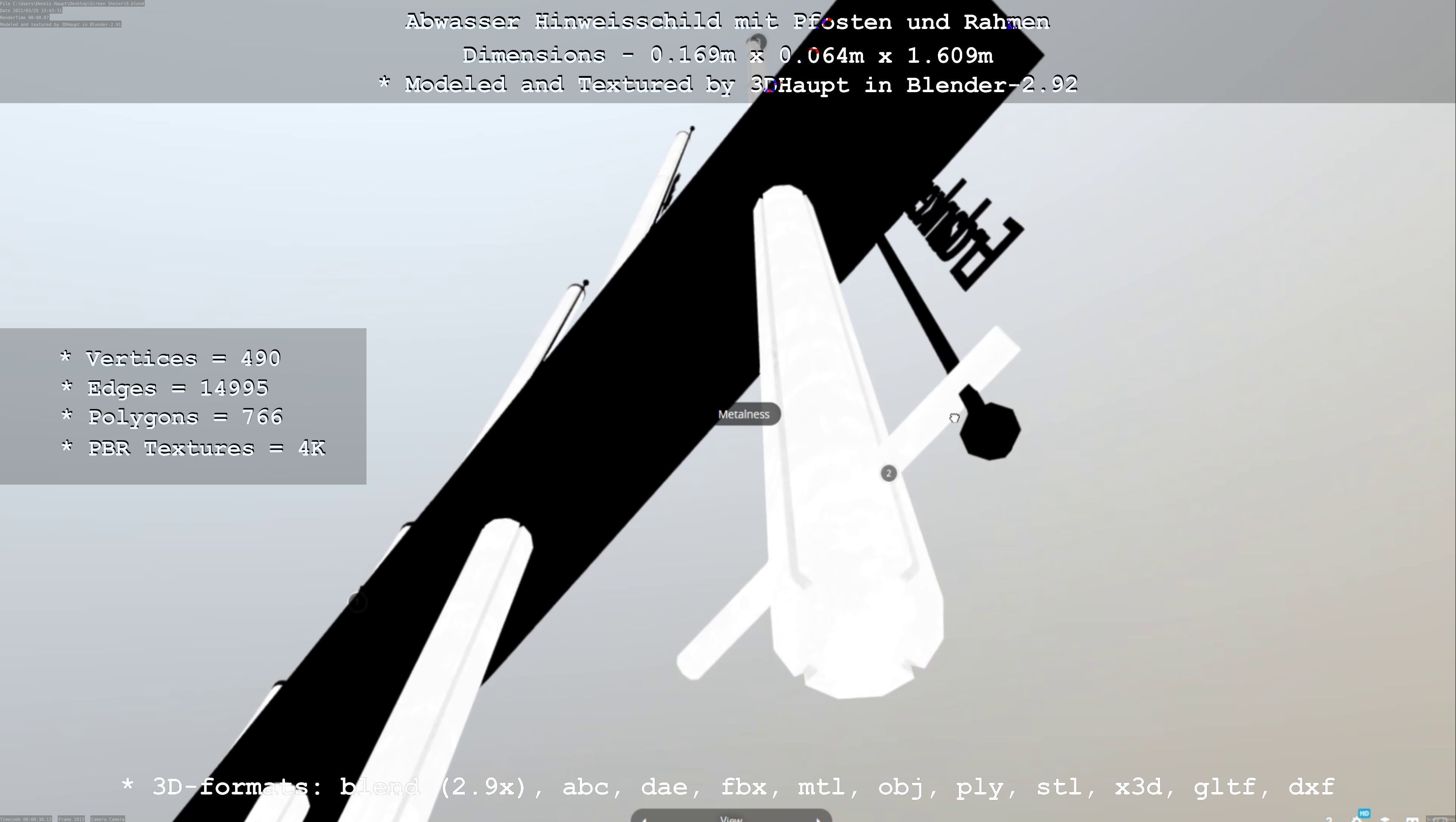 Hinweisschild Abwasser mit Pfosten und Rahmen Low-poly 3D model_51