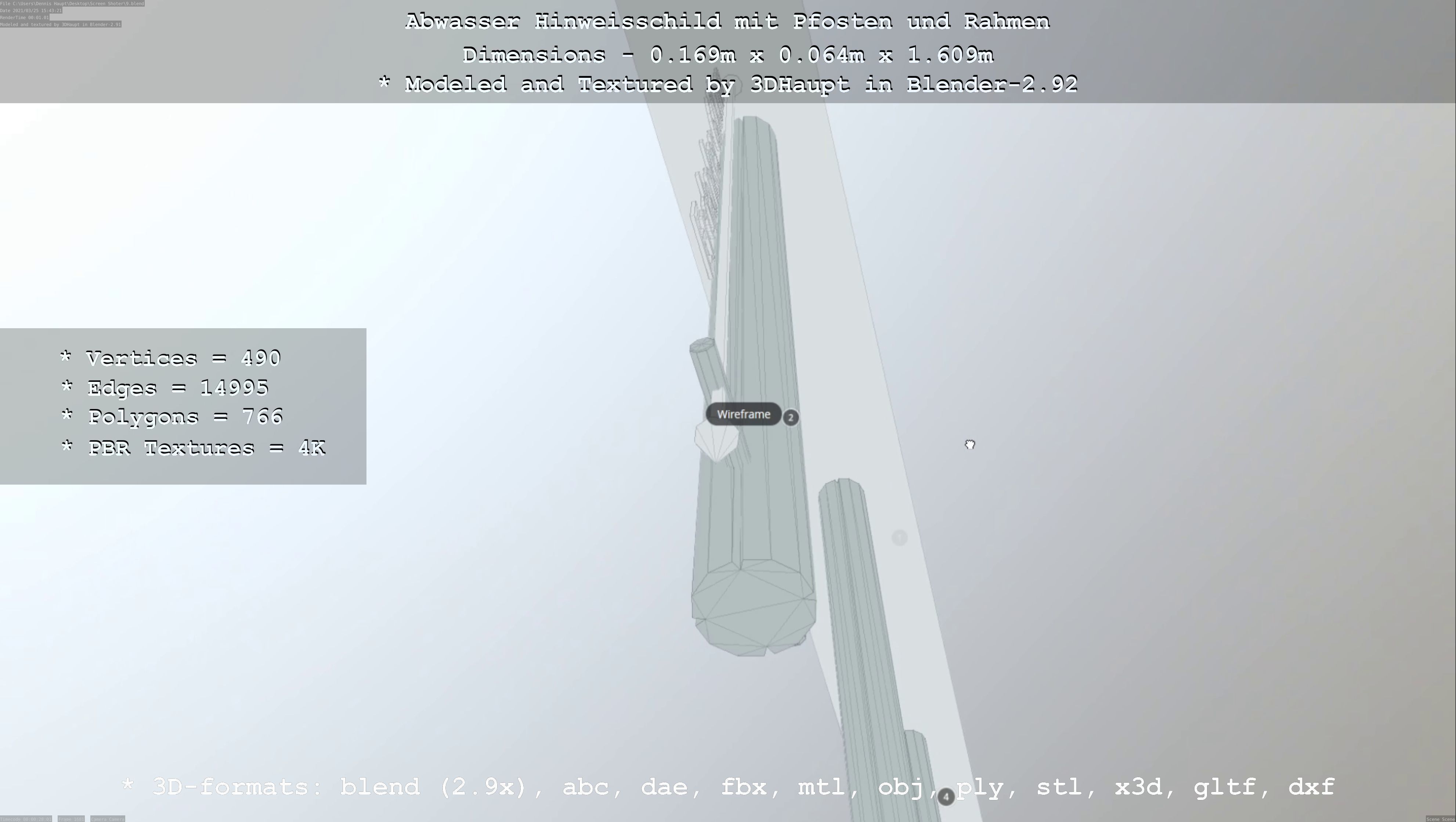 Hinweisschild Abwasser mit Pfosten und Rahmen Low-poly 3D model_46