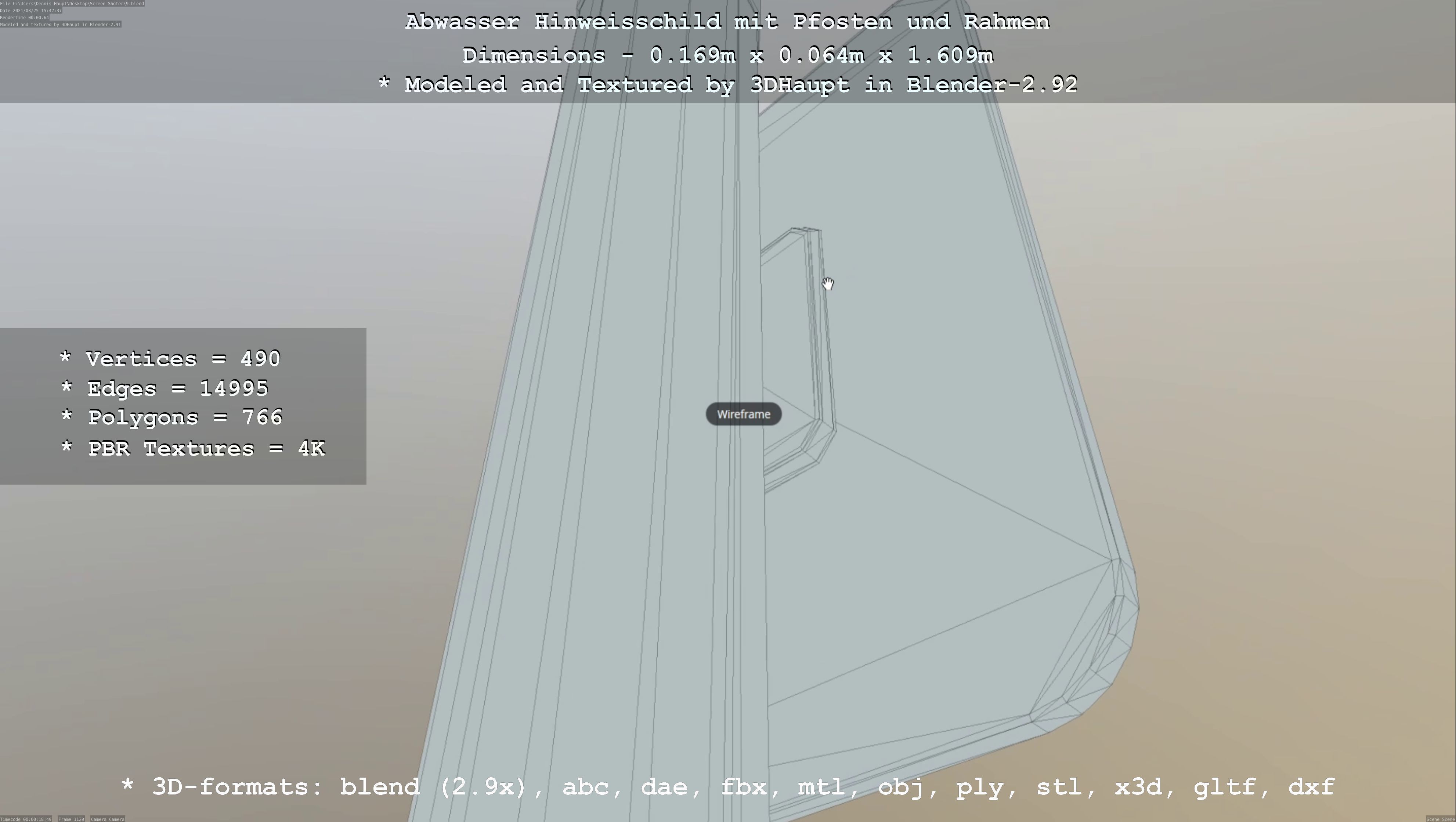Hinweisschild Abwasser mit Pfosten und Rahmen Low-poly 3D model_7