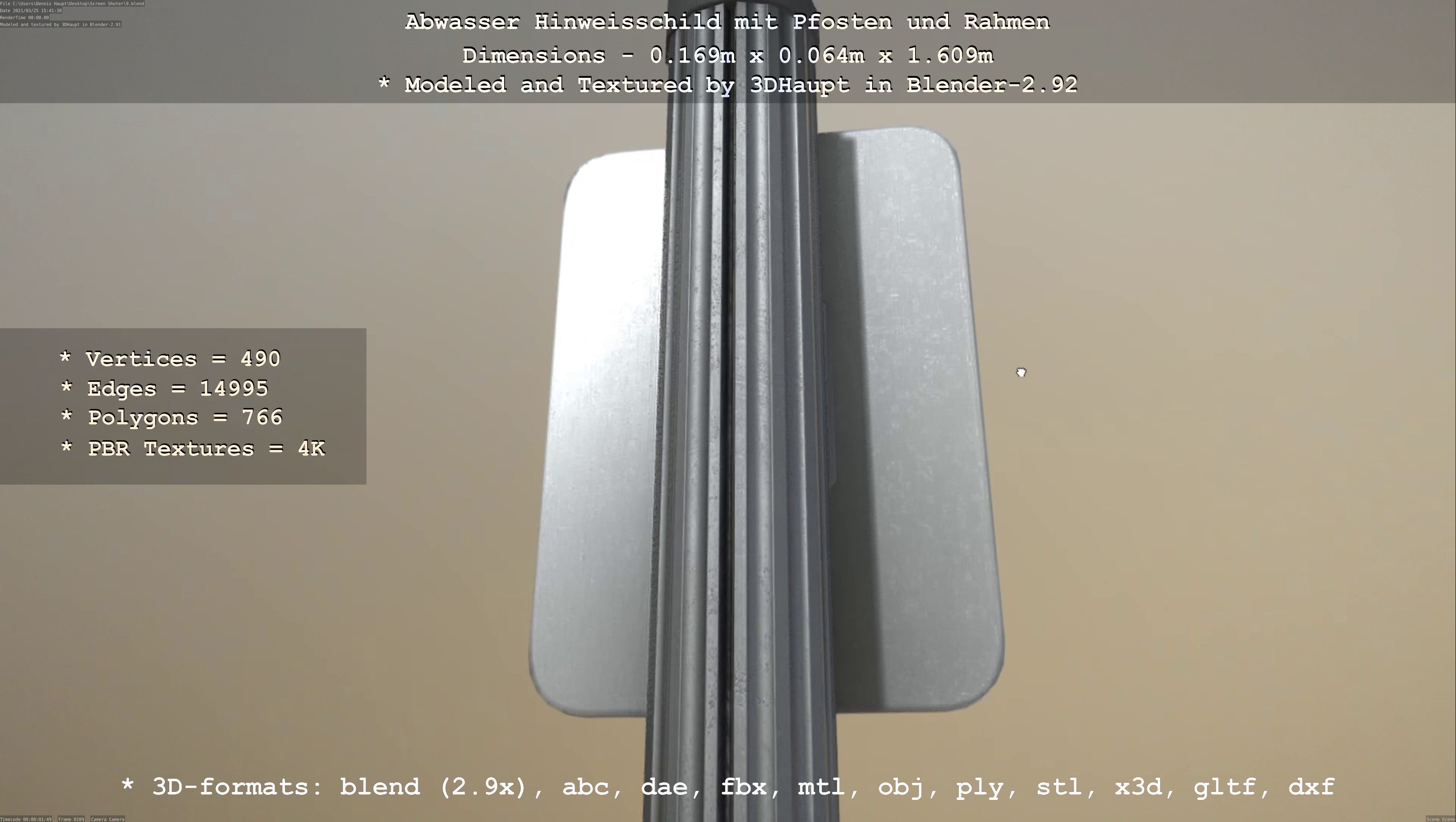 Hinweisschild Abwasser mit Pfosten und Rahmen Low-poly 3D model_13