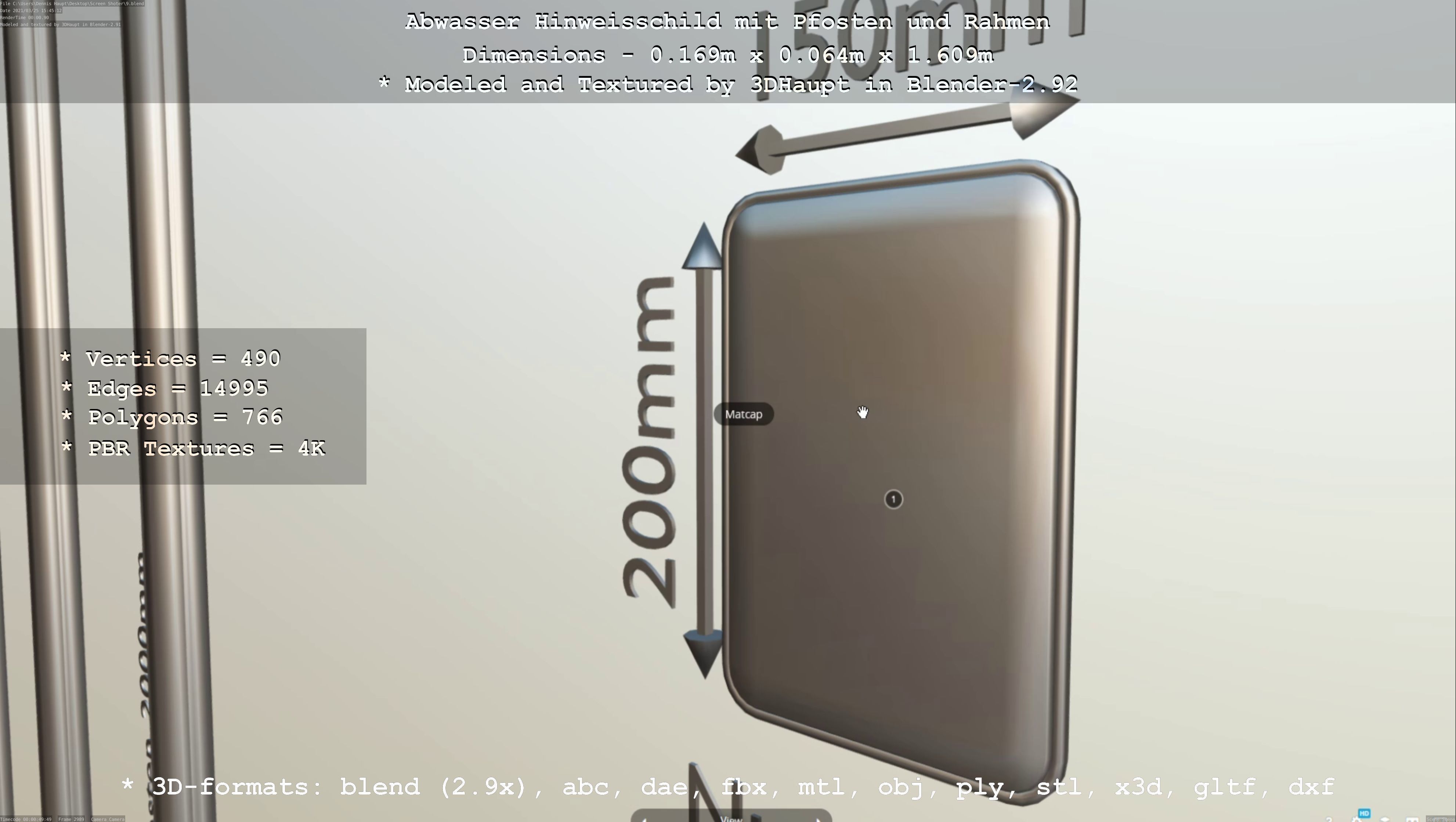 Hinweisschild Abwasser mit Pfosten und Rahmen Low-poly 3D model_23