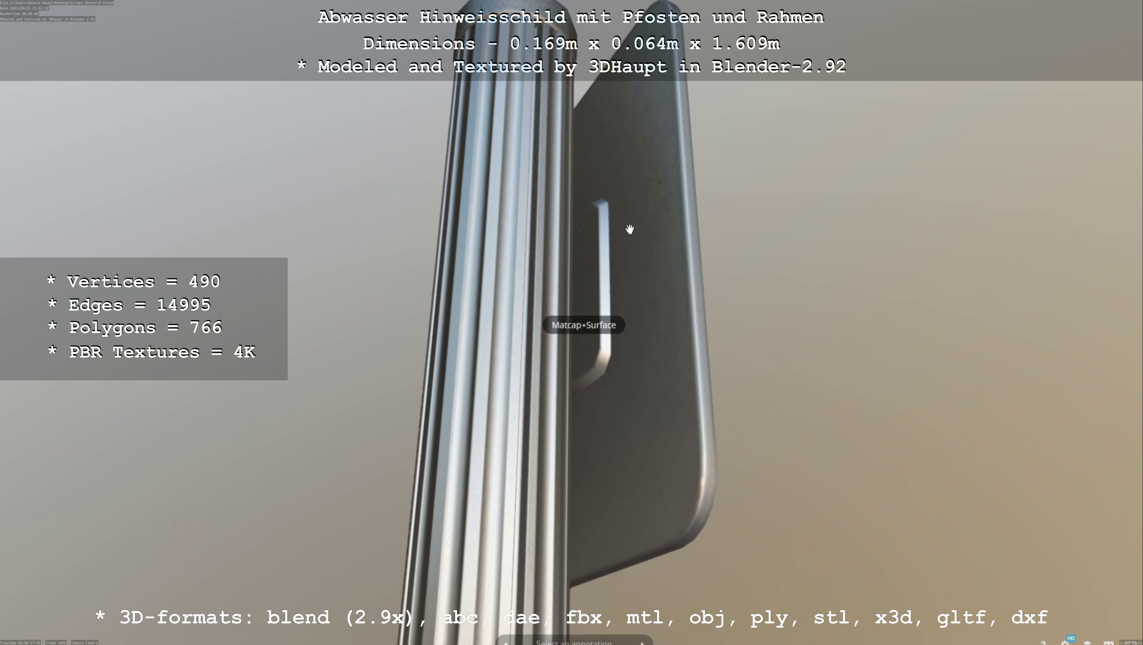 Hinweisschild Abwasser mit Pfosten und Rahmen Low-poly 3D model_6