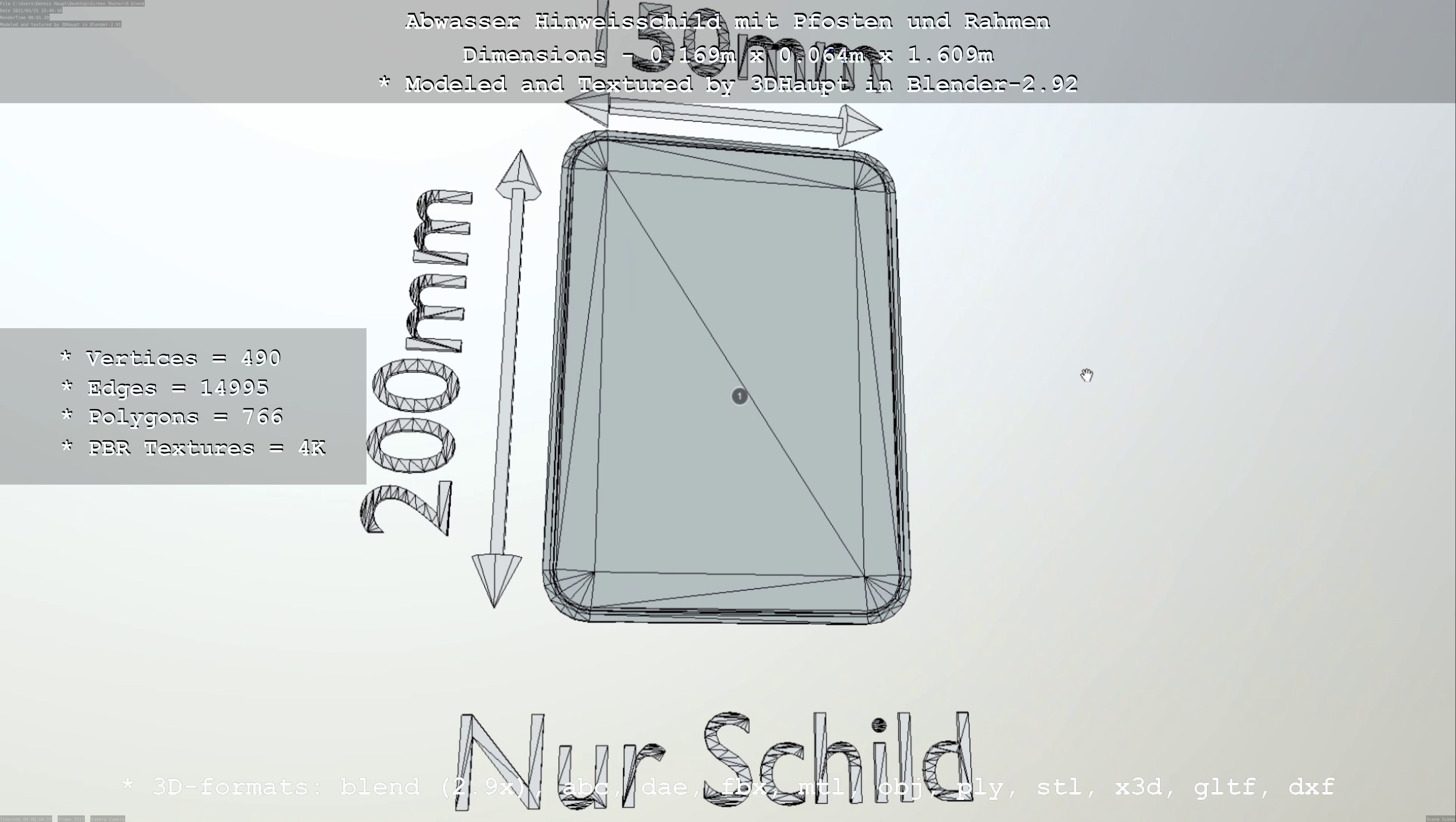 Hinweisschild Abwasser mit Pfosten und Rahmen Low-poly 3D model_31