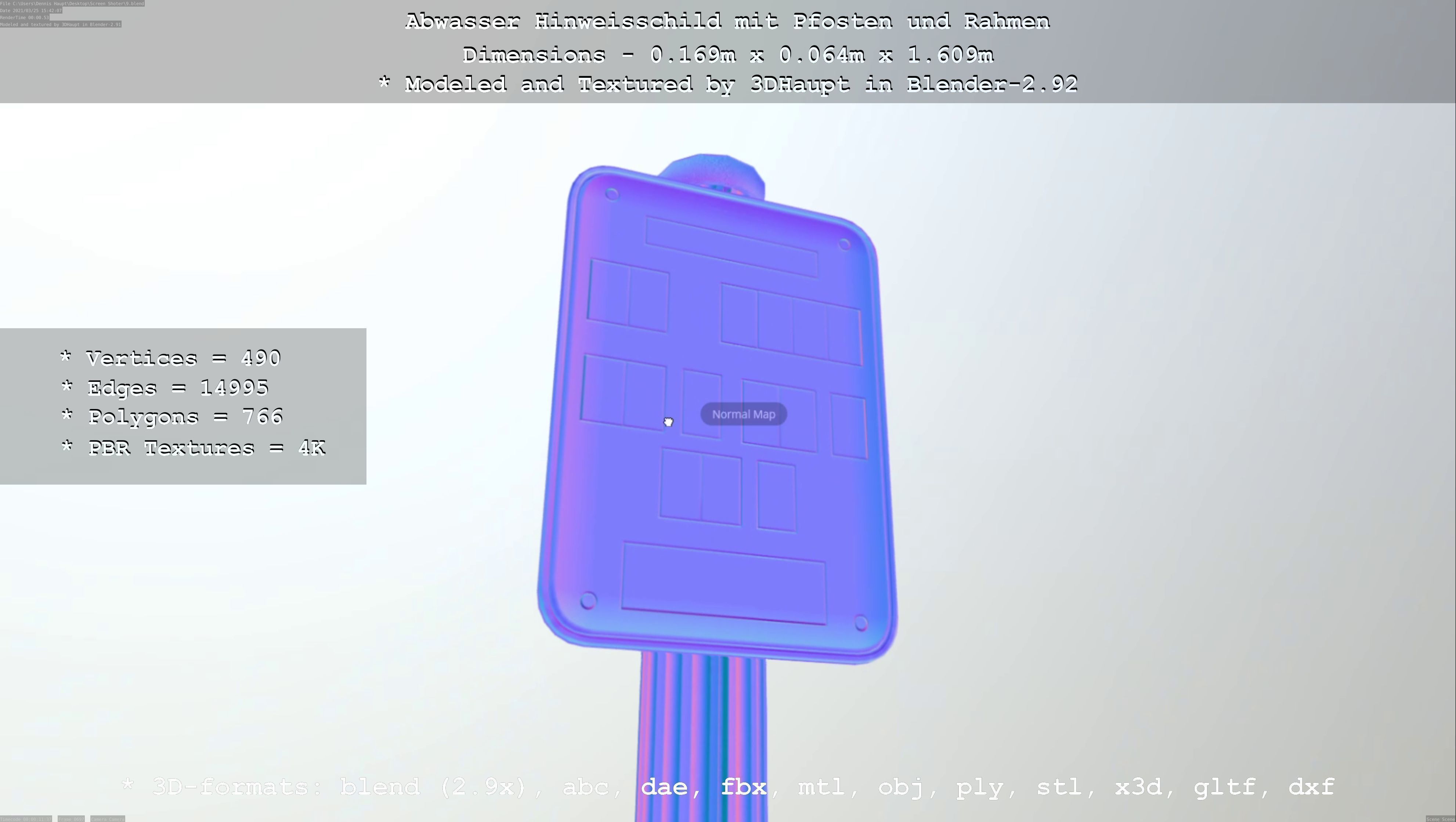 Hinweisschild Abwasser mit Pfosten und Rahmen Low-poly 3D model_39