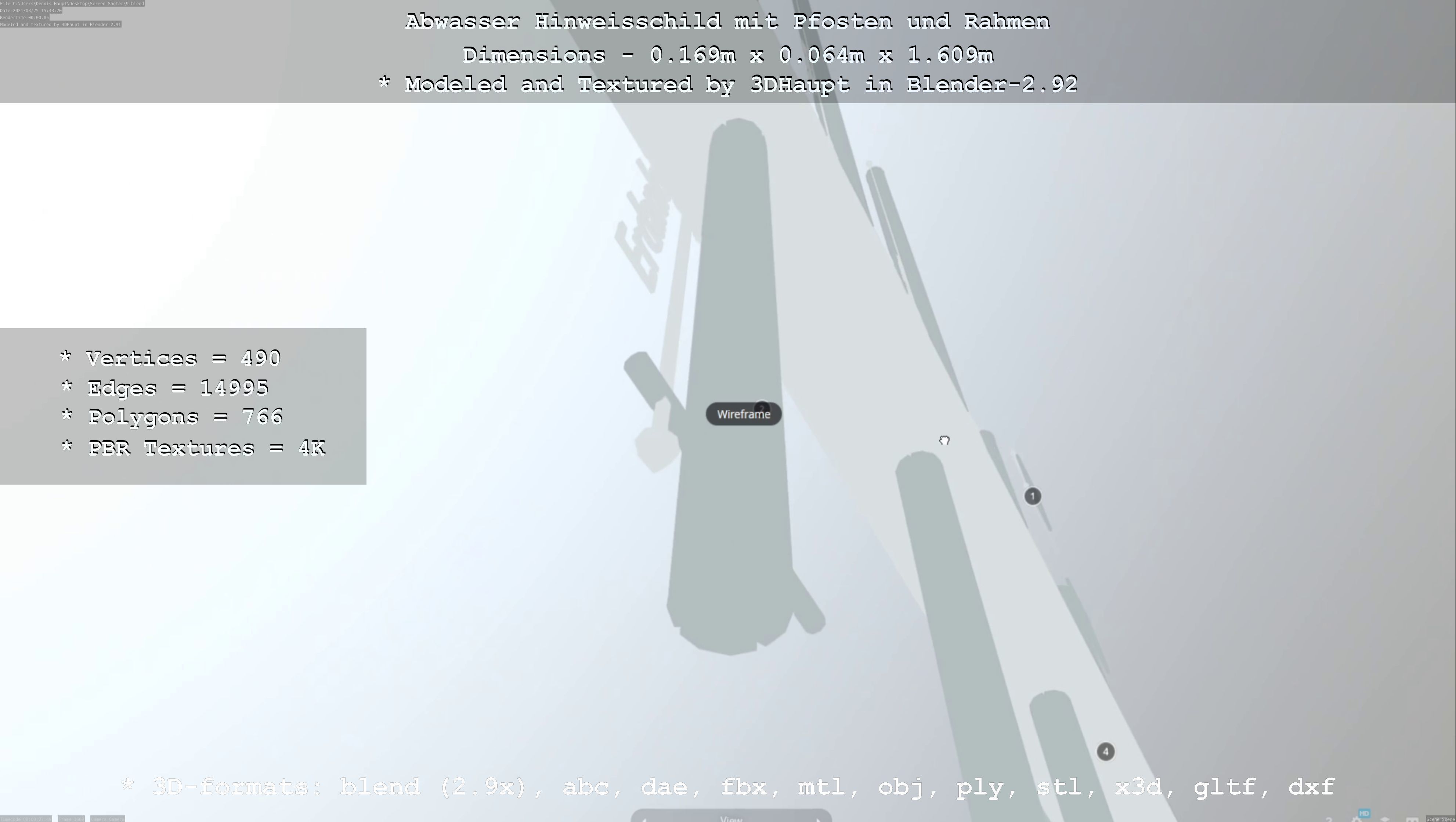 Hinweisschild Abwasser mit Pfosten und Rahmen Low-poly 3D model_50