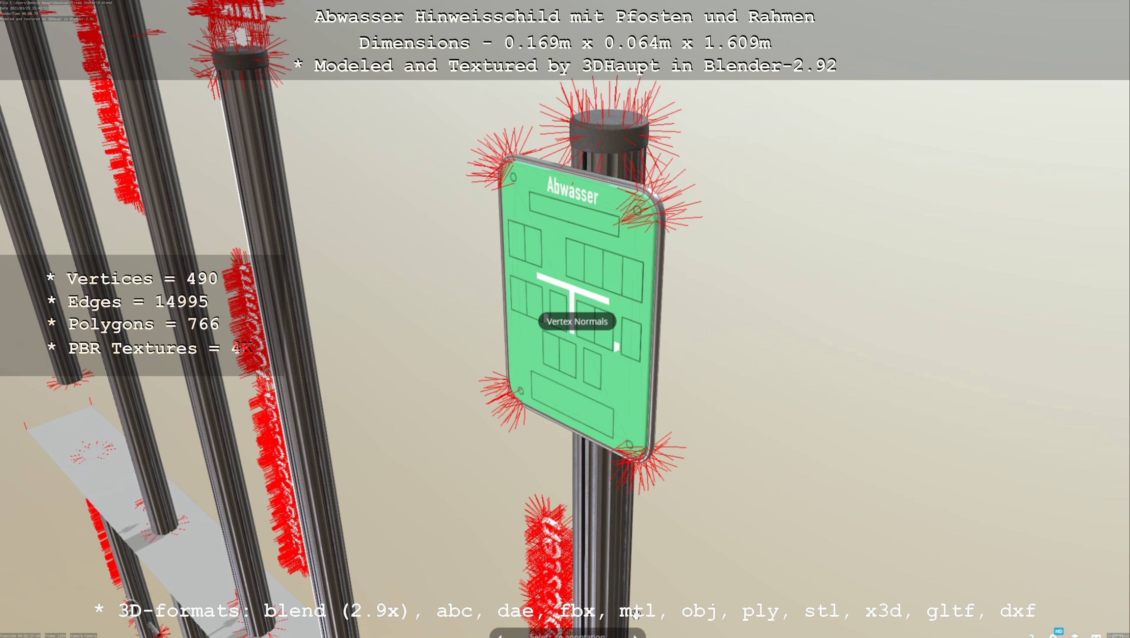 Hinweisschild Abwasser mit Pfosten und Rahmen Low-poly 3D model_10
