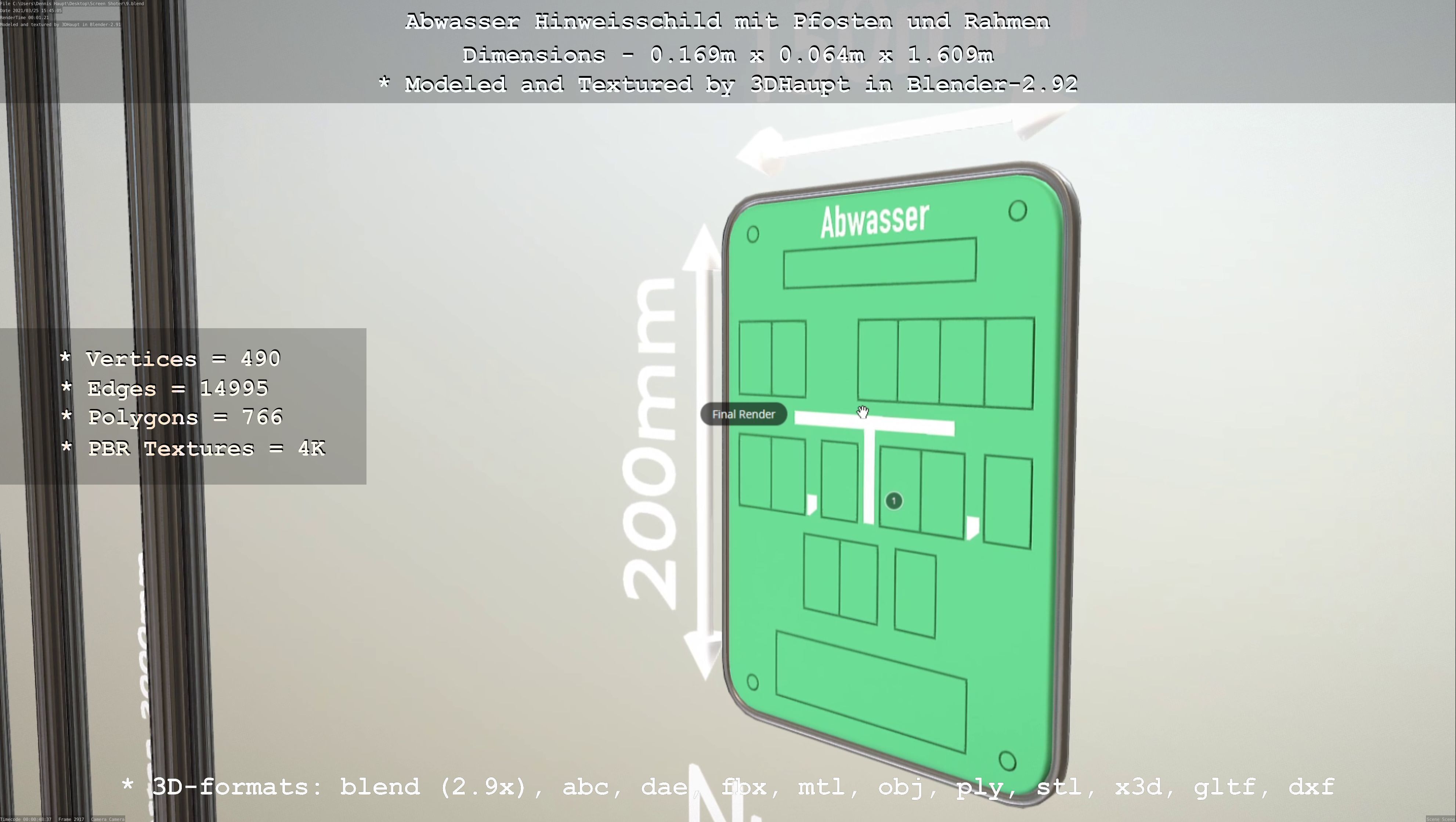 Hinweisschild Abwasser mit Pfosten und Rahmen Low-poly 3D model_22