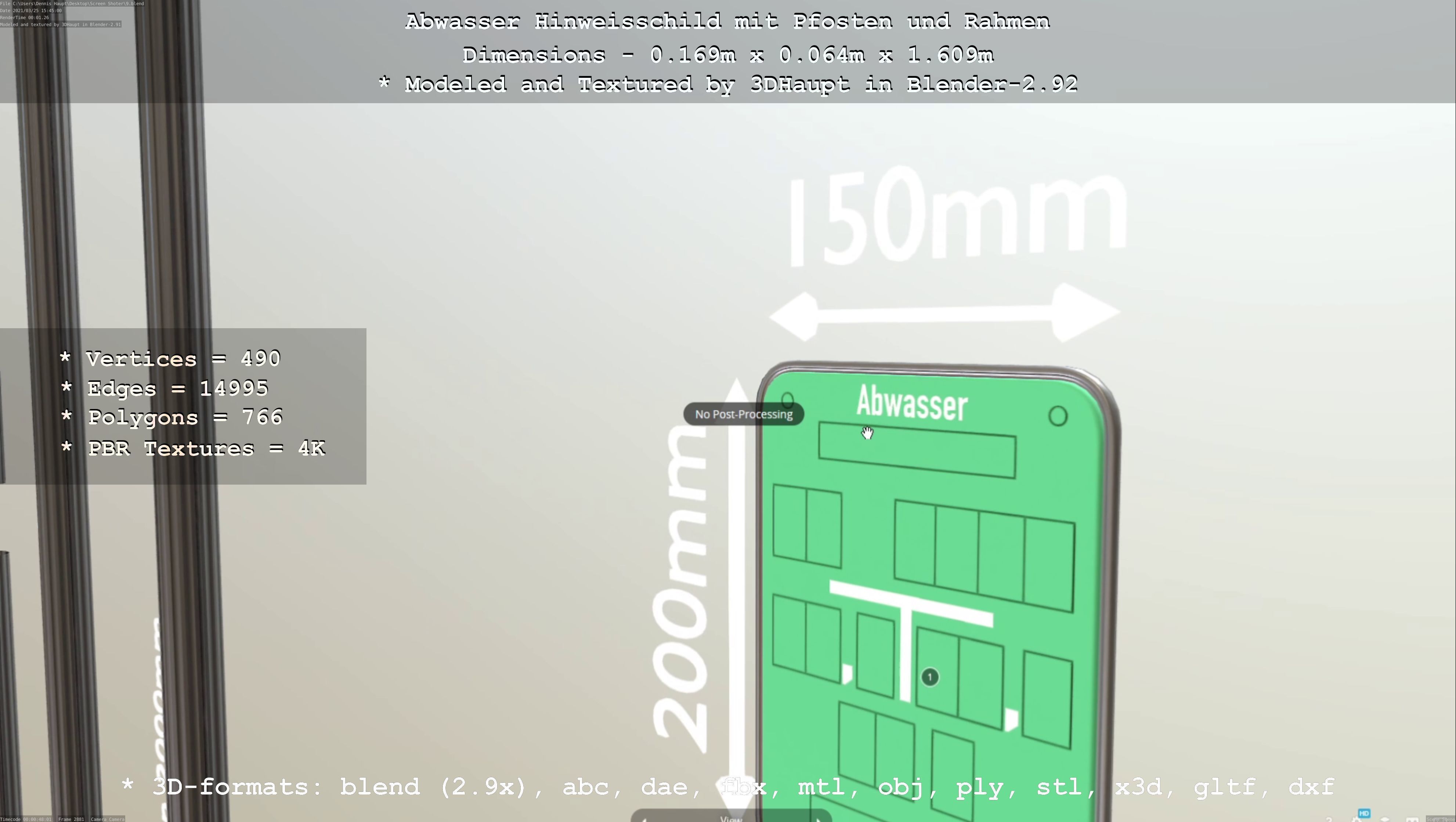 Hinweisschild Abwasser mit Pfosten und Rahmen Low-poly 3D model_91