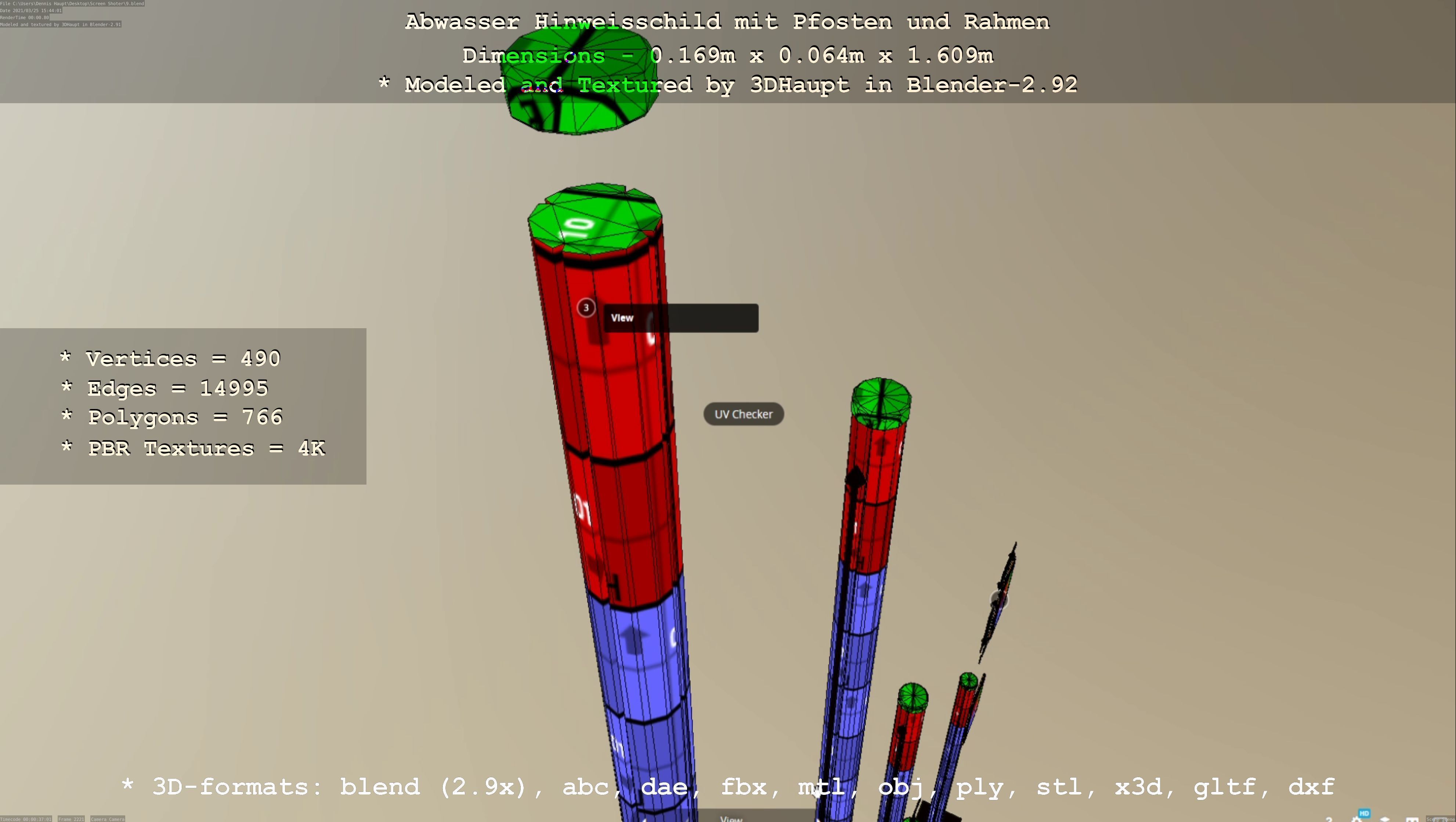 Hinweisschild Abwasser mit Pfosten und Rahmen Low-poly 3D model_69