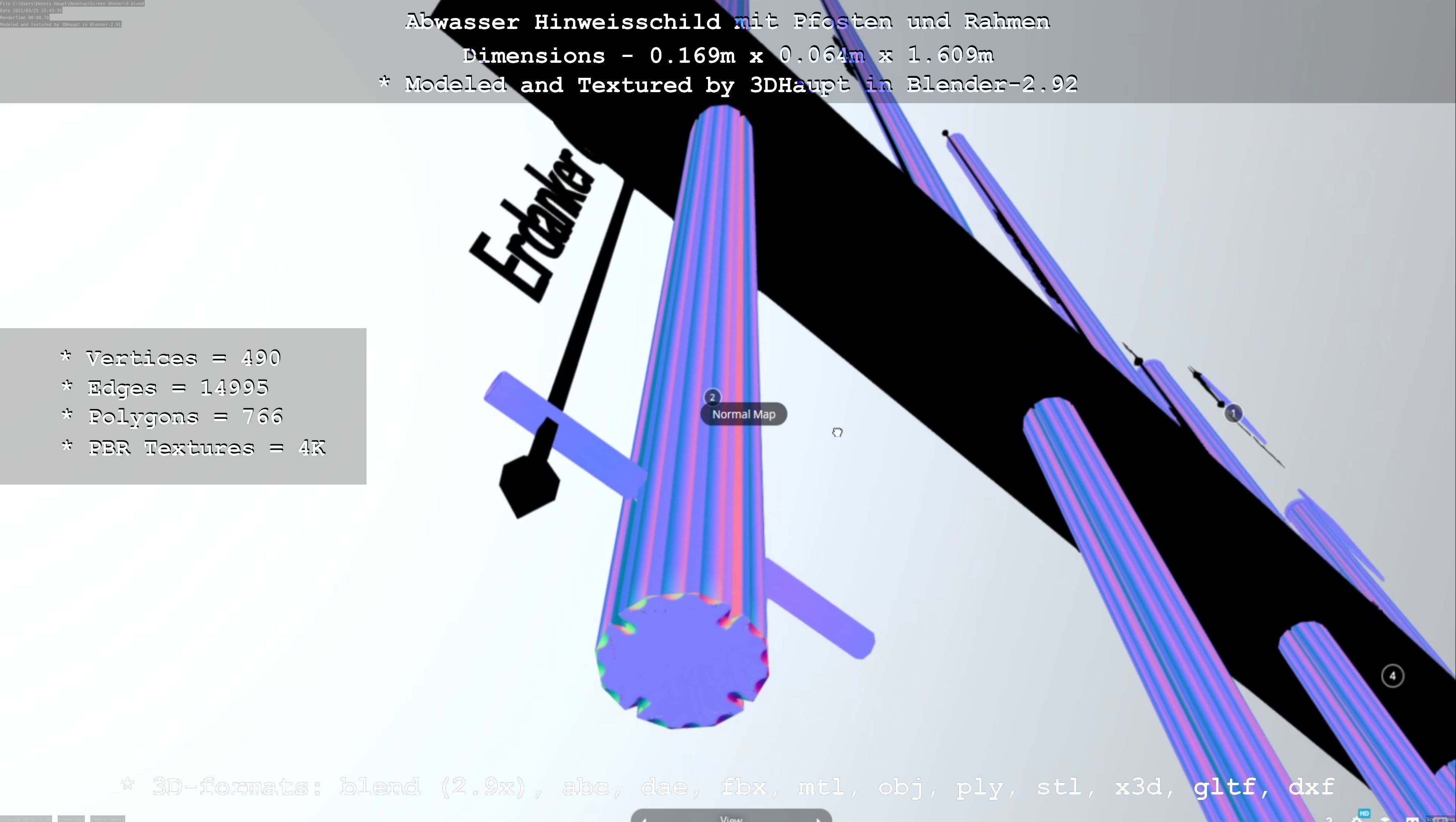 Hinweisschild Abwasser mit Pfosten und Rahmen Low-poly 3D model_60