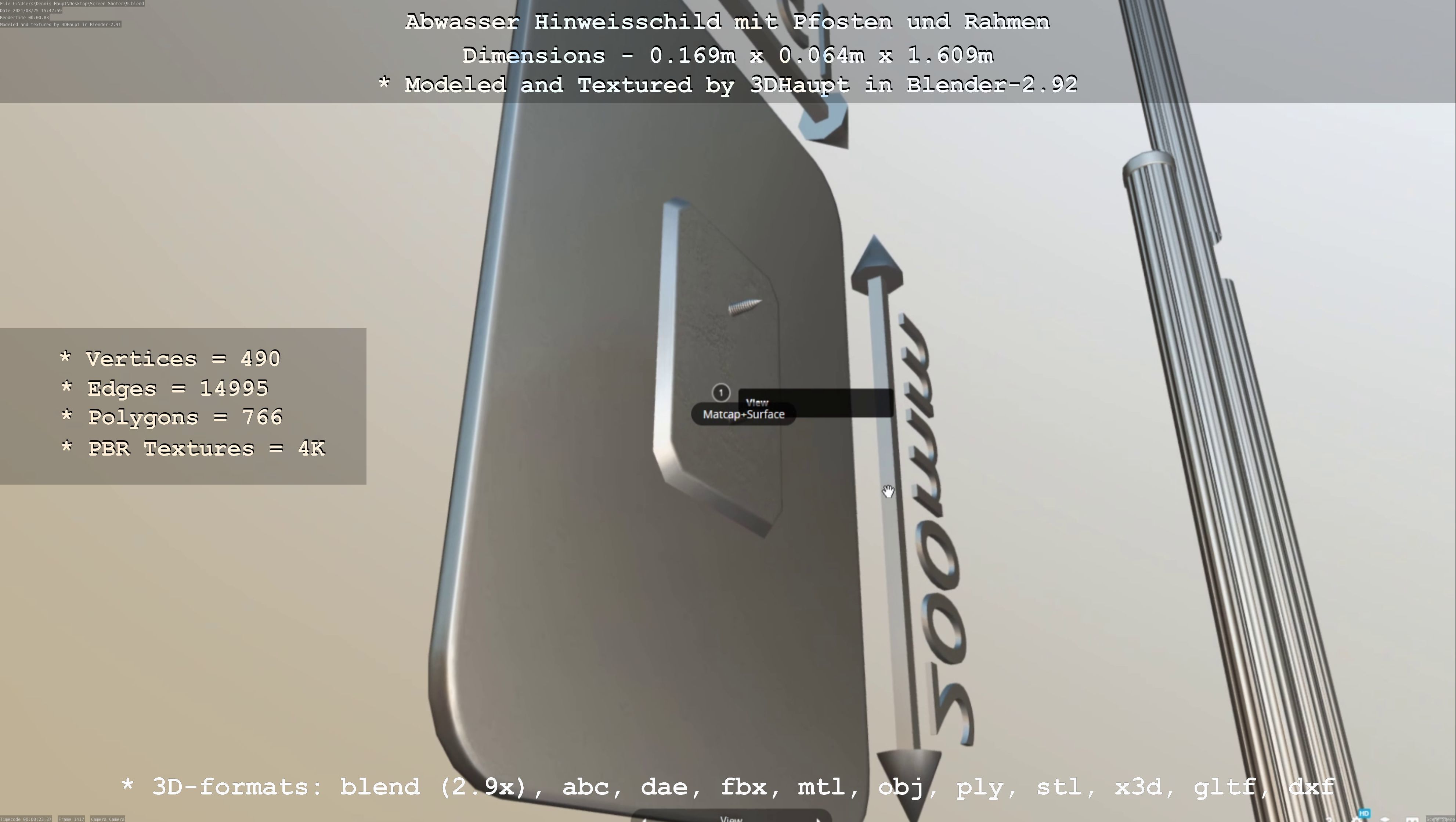 Hinweisschild Abwasser mit Pfosten und Rahmen Low-poly 3D model_12