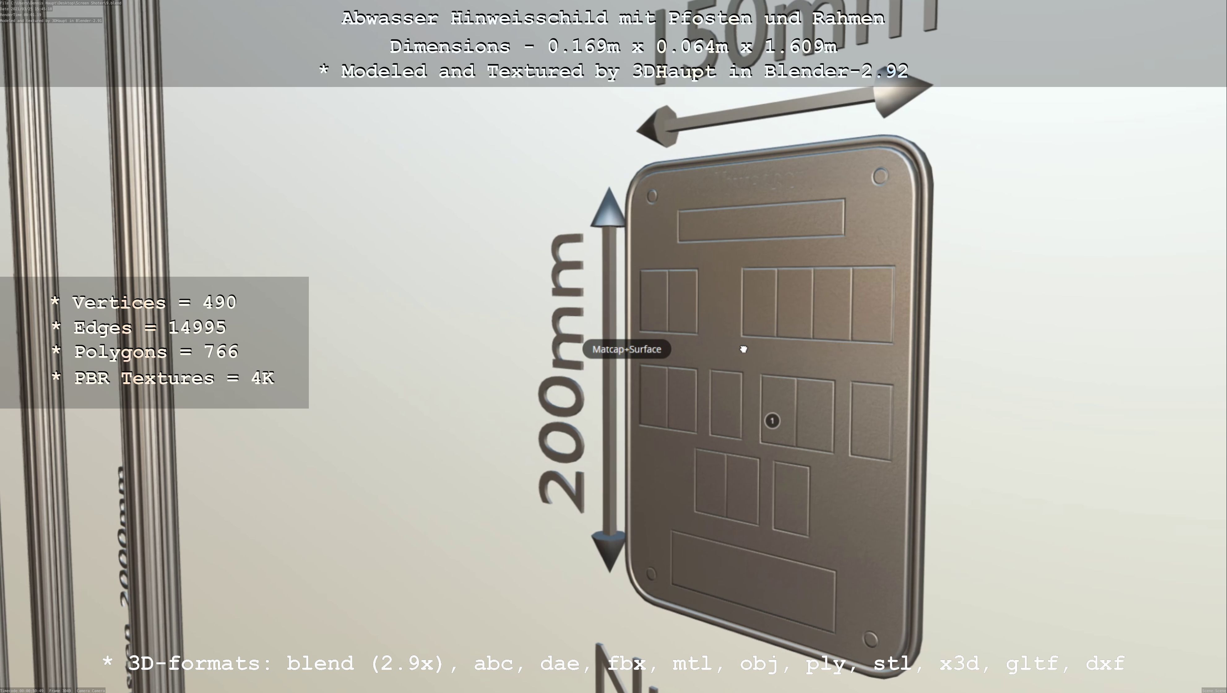 Hinweisschild Abwasser mit Pfosten und Rahmen Low-poly 3D model_25