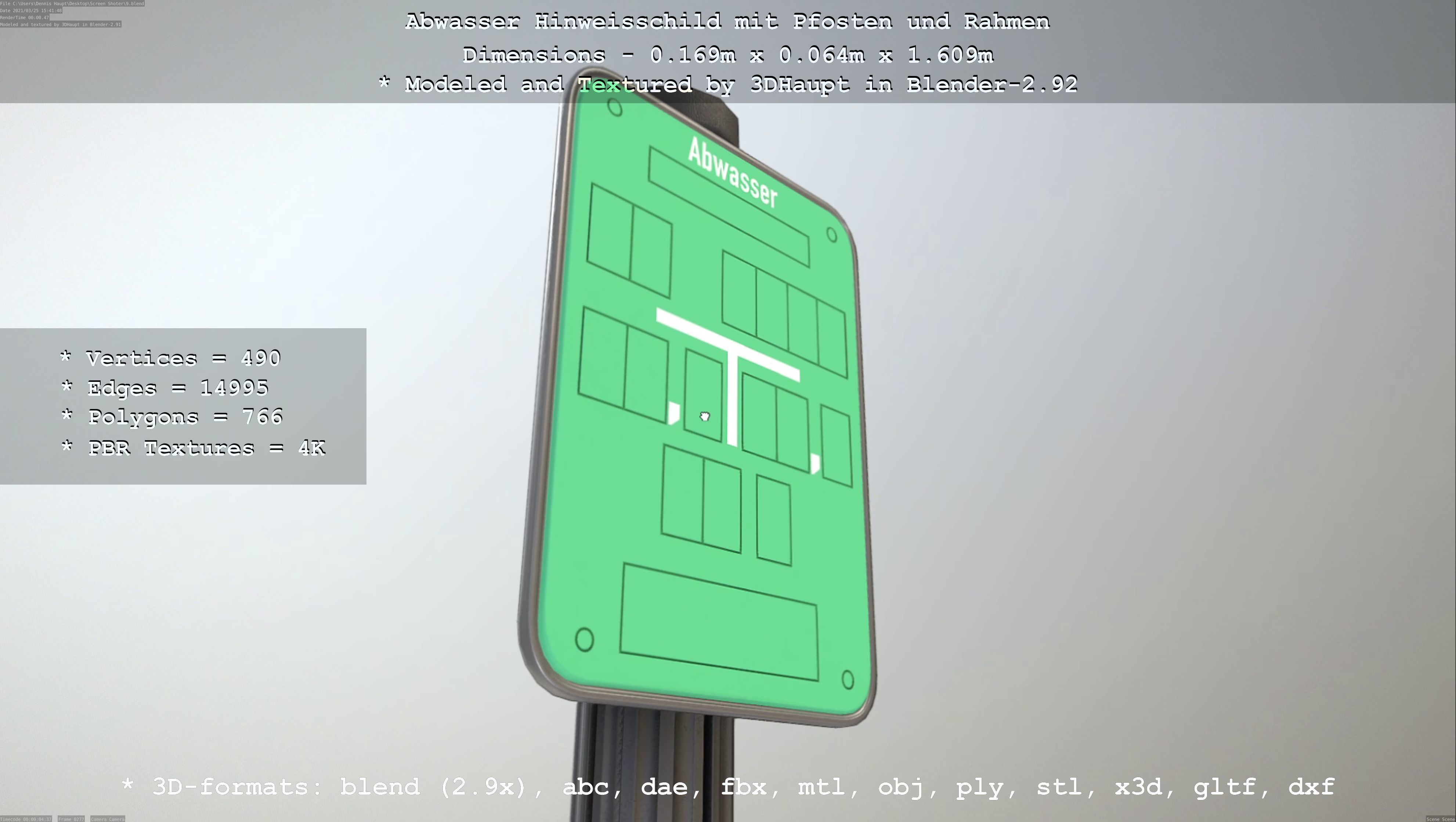 Hinweisschild Abwasser mit Pfosten und Rahmen Low-poly 3D model_36