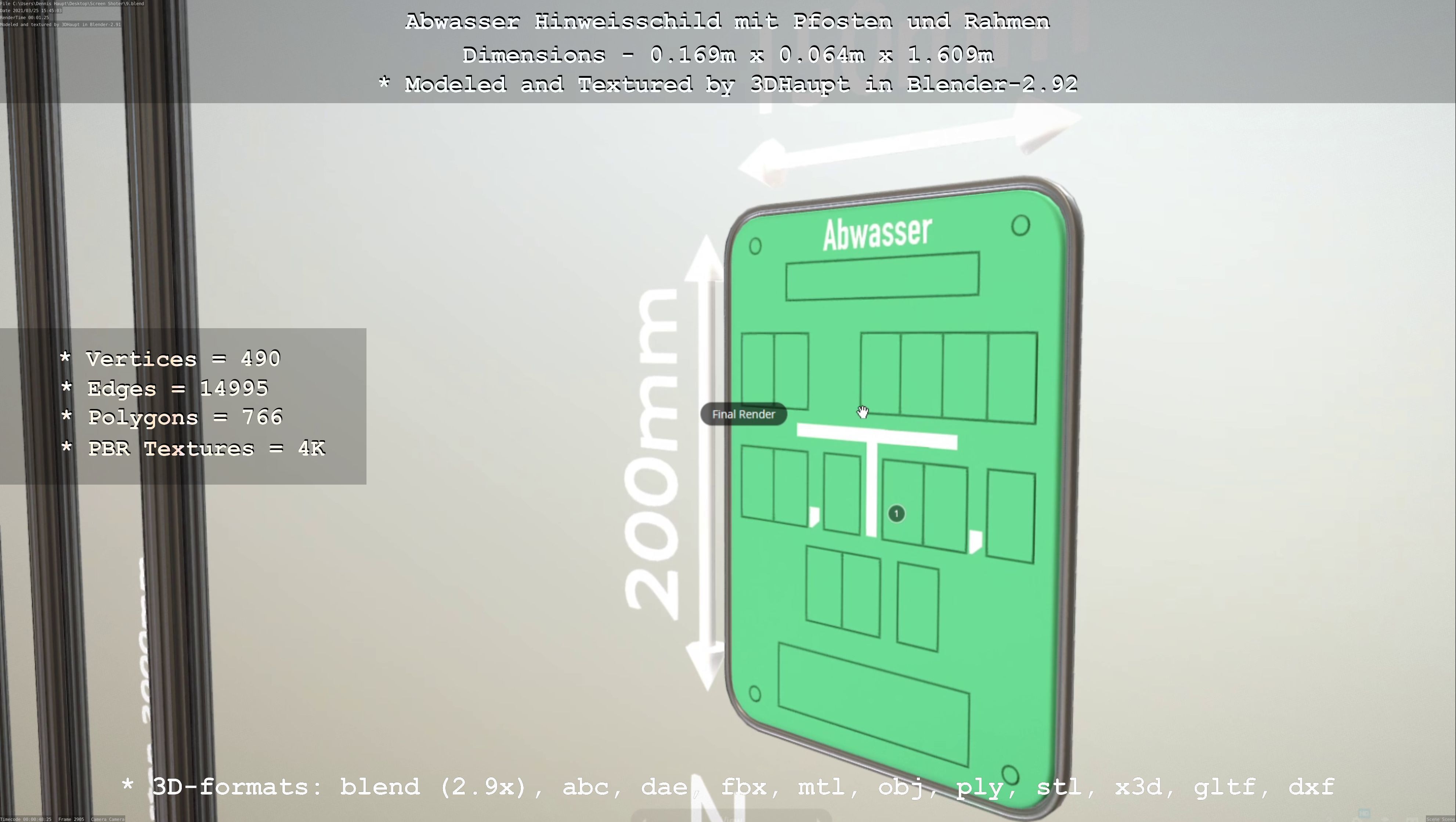 Hinweisschild Abwasser mit Pfosten und Rahmen Low-poly 3D model_88