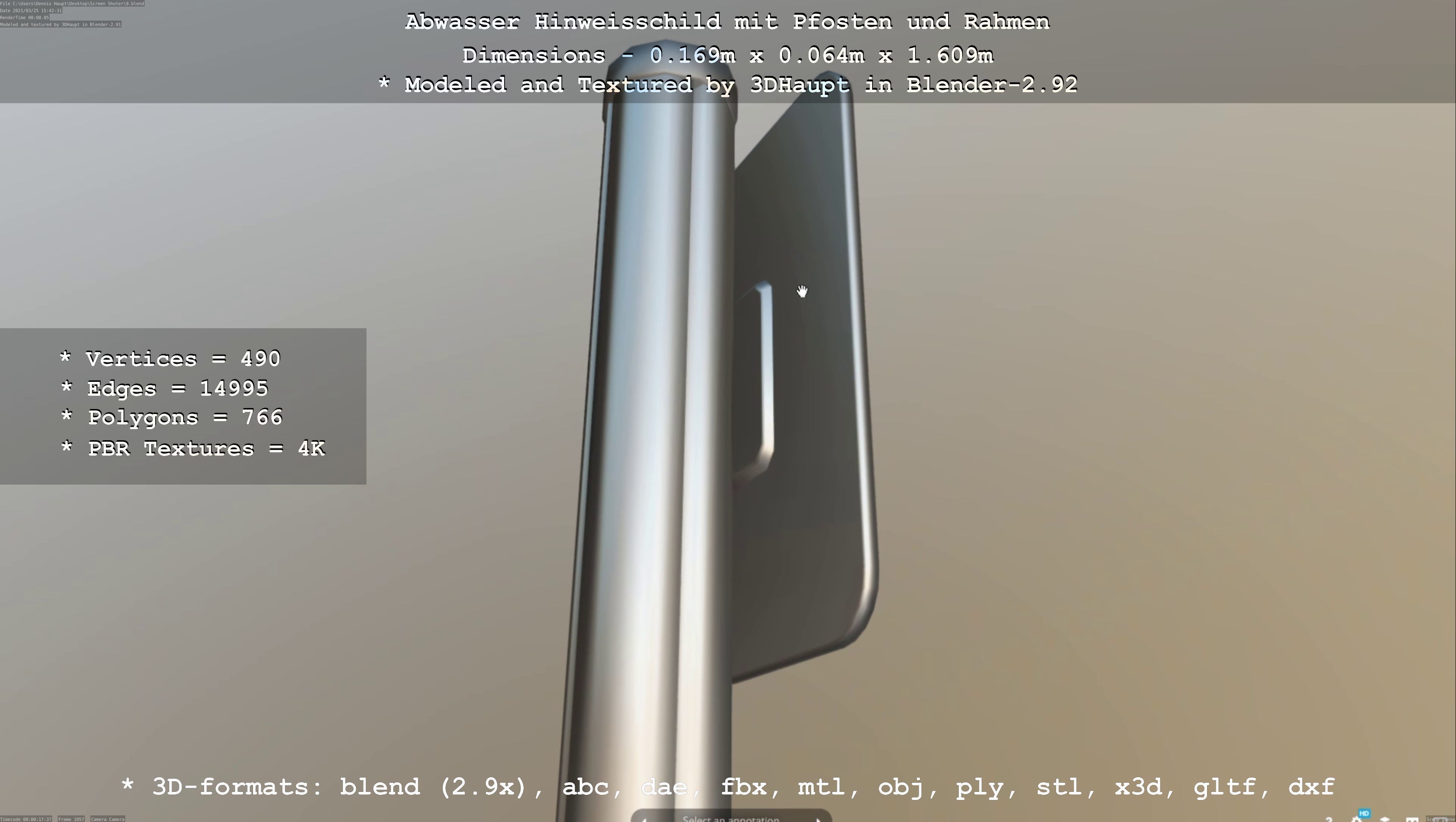 Hinweisschild Abwasser mit Pfosten und Rahmen Low-poly 3D model_5