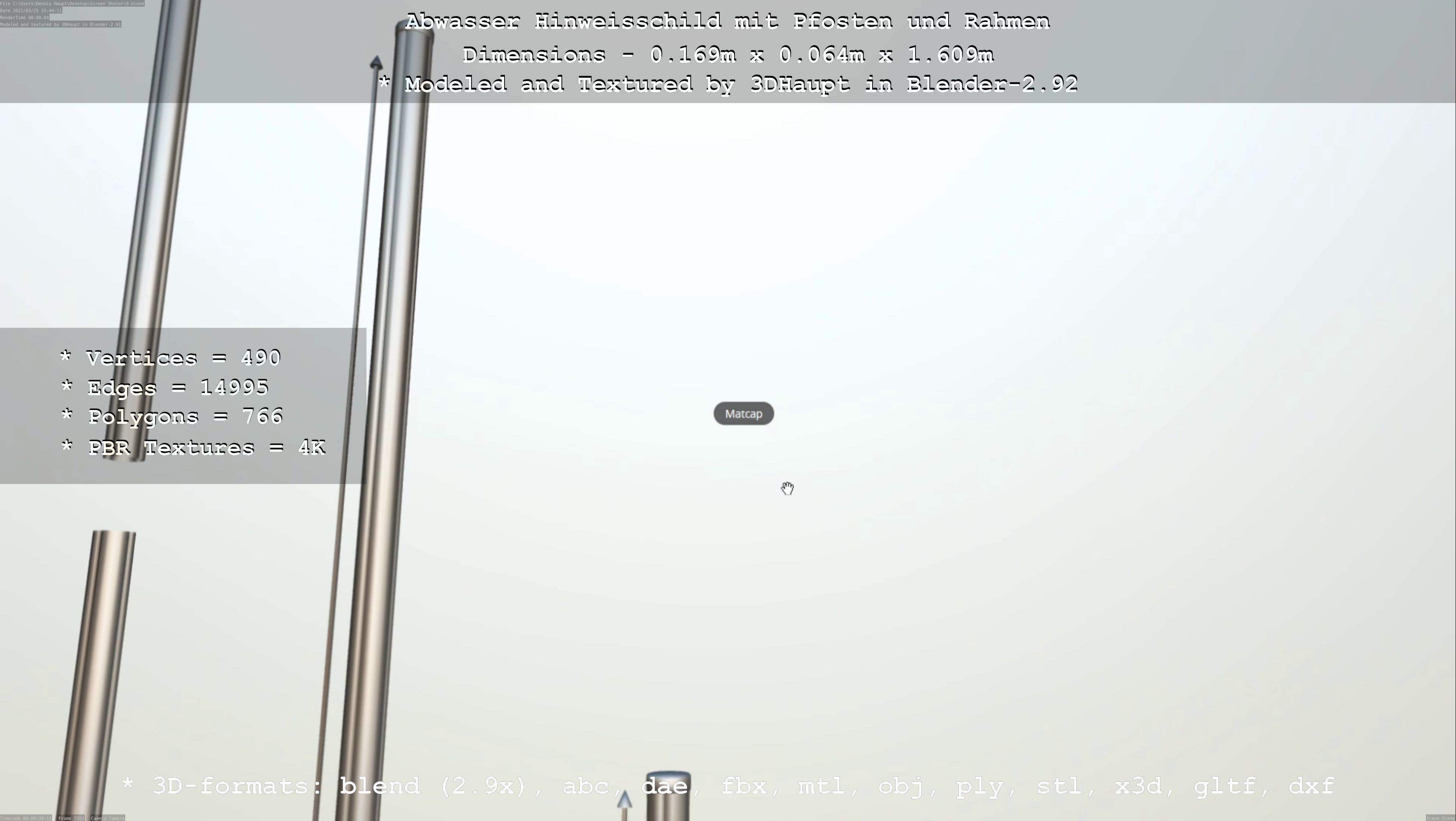 Hinweisschild Abwasser mit Pfosten und Rahmen Low-poly 3D model_68