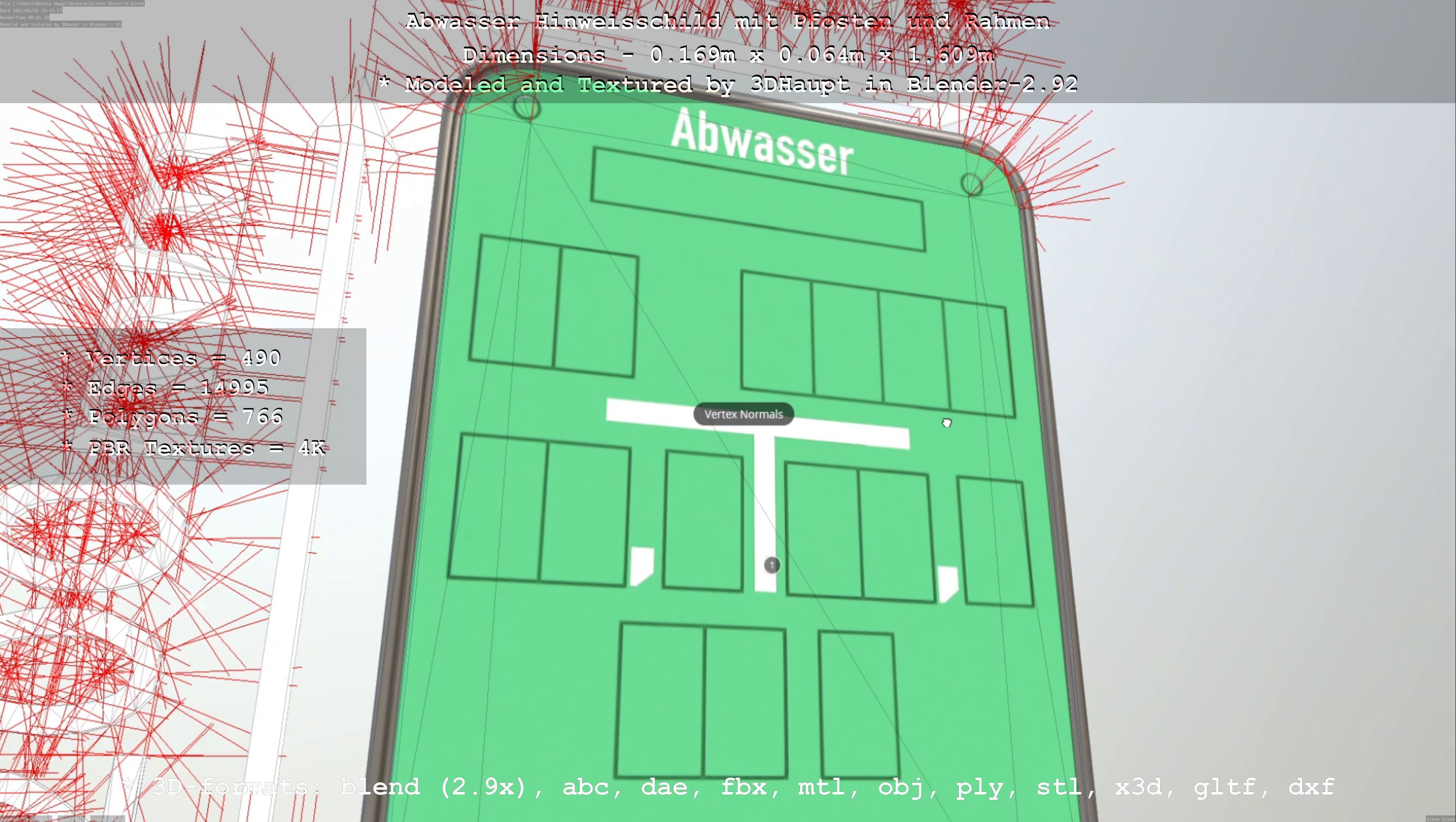 Hinweisschild Abwasser mit Pfosten und Rahmen Low-poly 3D model_95