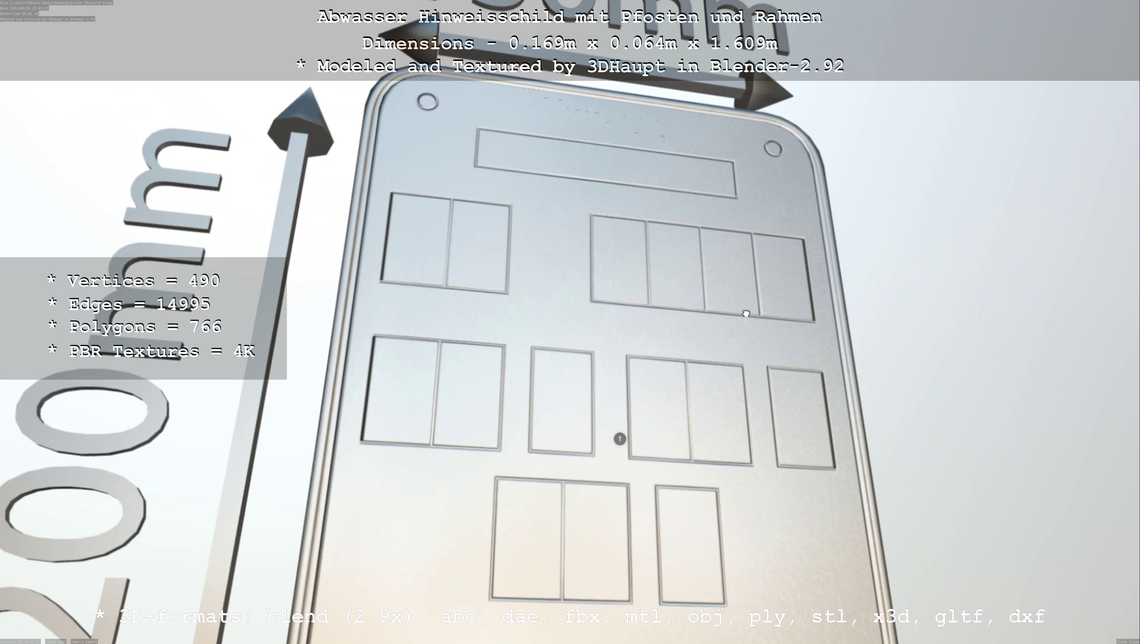 Hinweisschild Abwasser mit Pfosten und Rahmen Low-poly 3D model_27