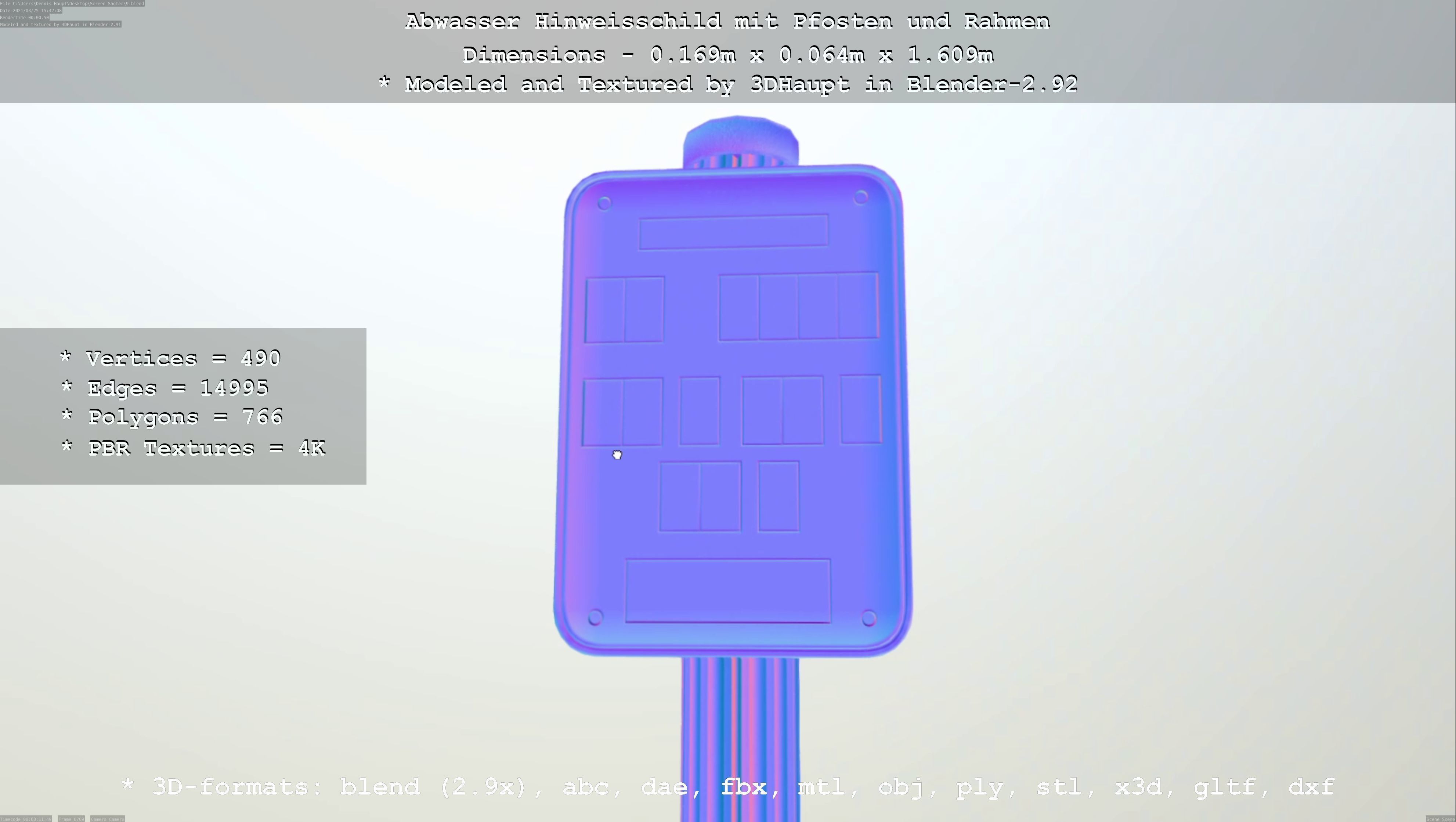 Hinweisschild Abwasser mit Pfosten und Rahmen Low-poly 3D model_40