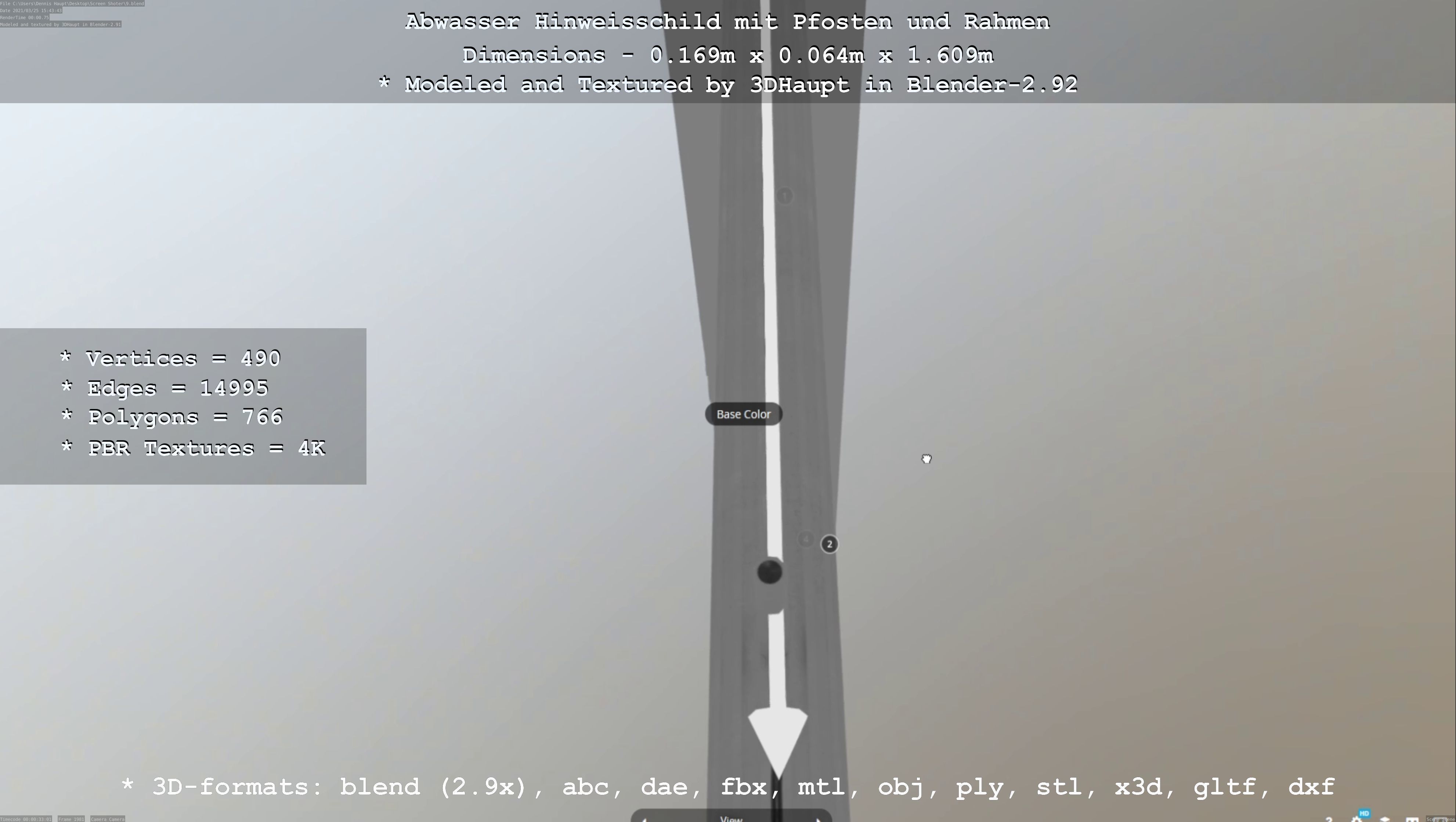 Hinweisschild Abwasser mit Pfosten und Rahmen Low-poly 3D model_55