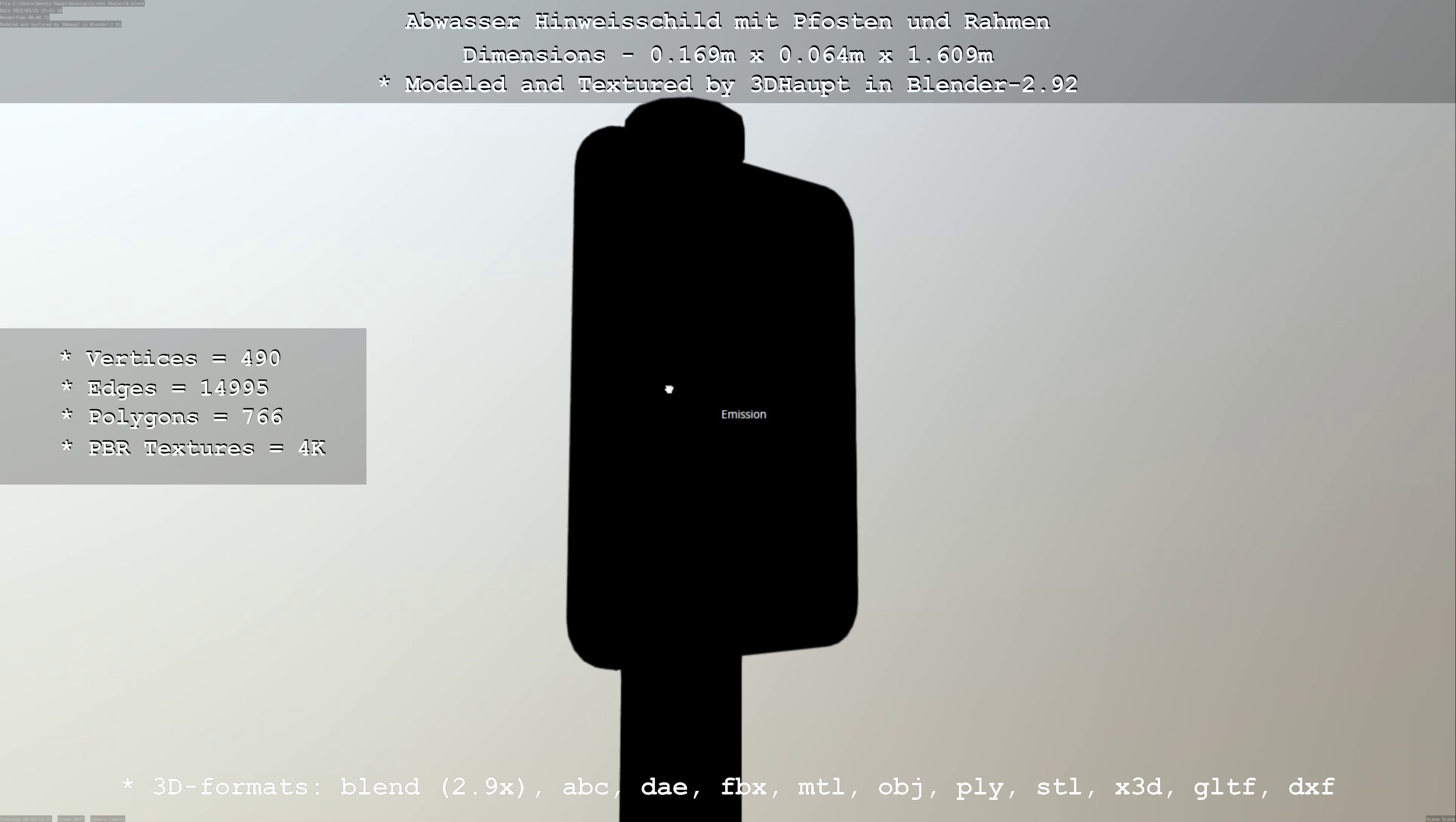 Hinweisschild Abwasser mit Pfosten und Rahmen Low-poly 3D model_3