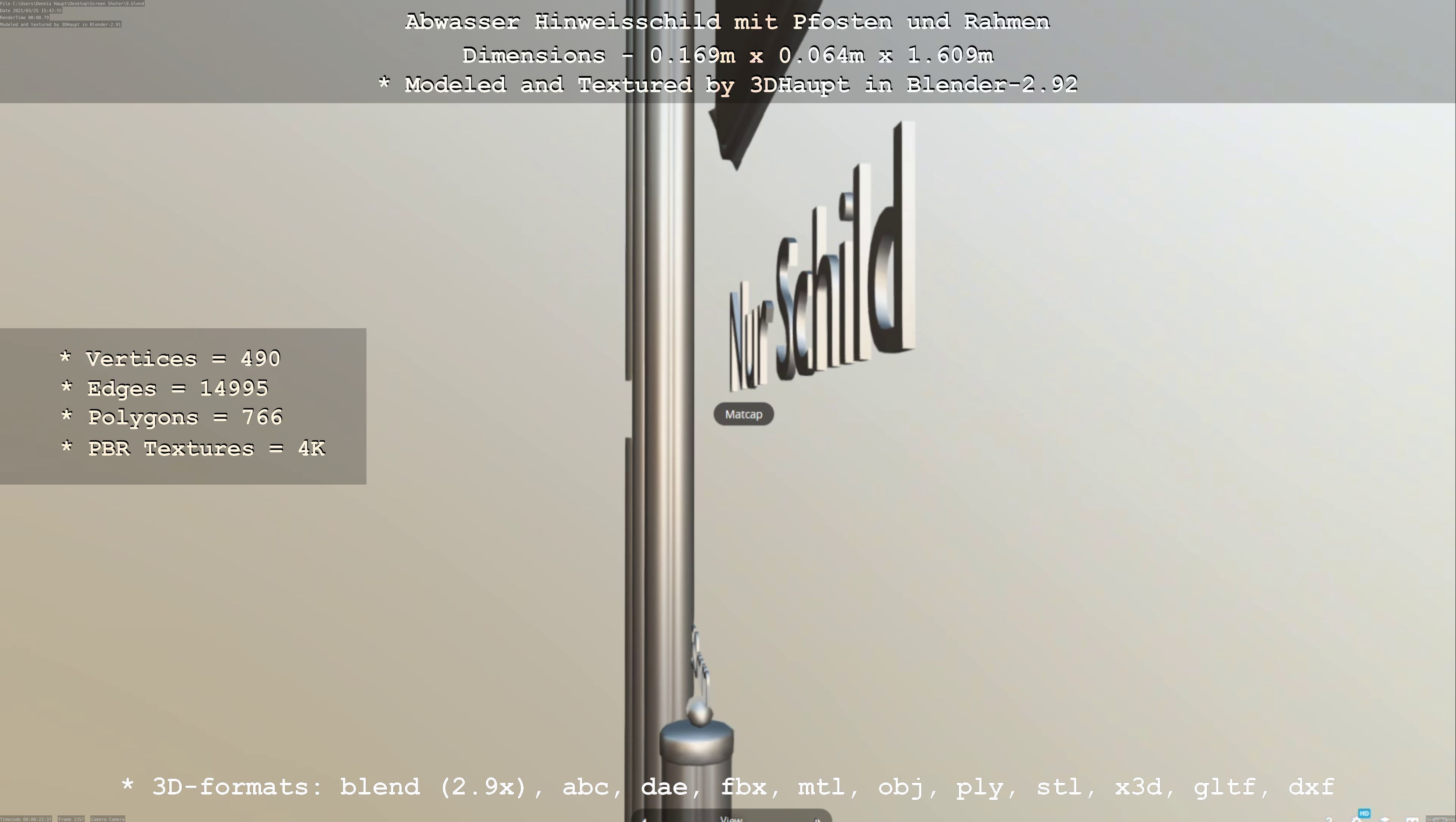 Hinweisschild Abwasser mit Pfosten und Rahmen Low-poly 3D model_11