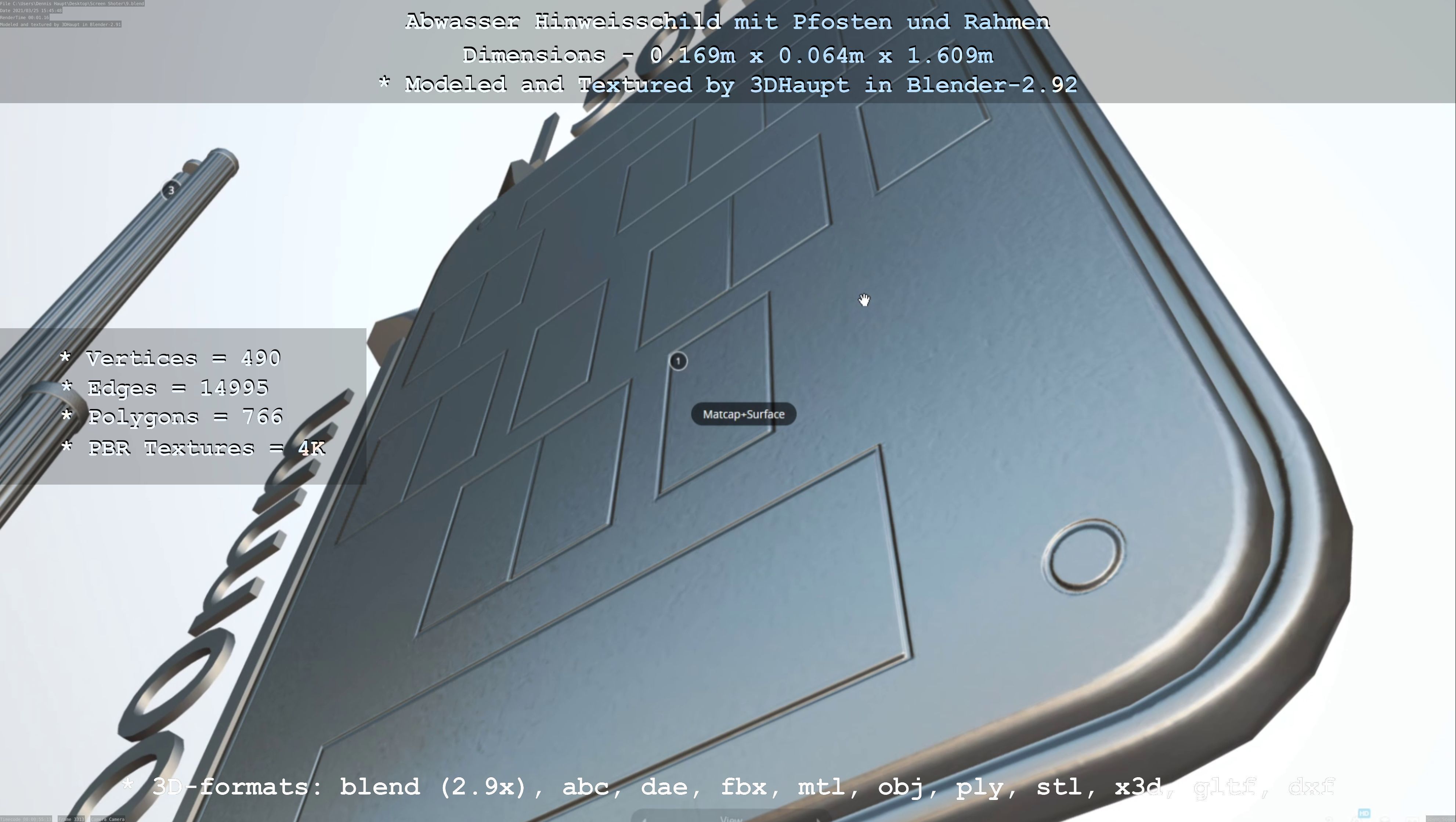 Hinweisschild Abwasser mit Pfosten und Rahmen Low-poly 3D model_100