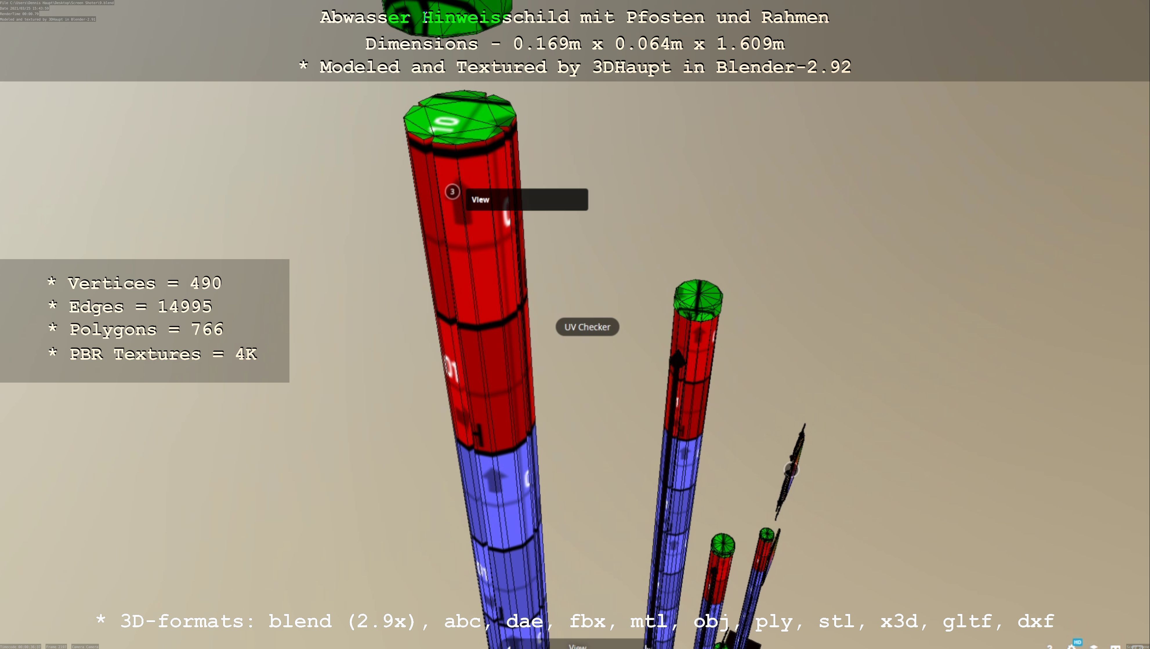 Hinweisschild Abwasser mit Pfosten und Rahmen Low-poly 3D model_61