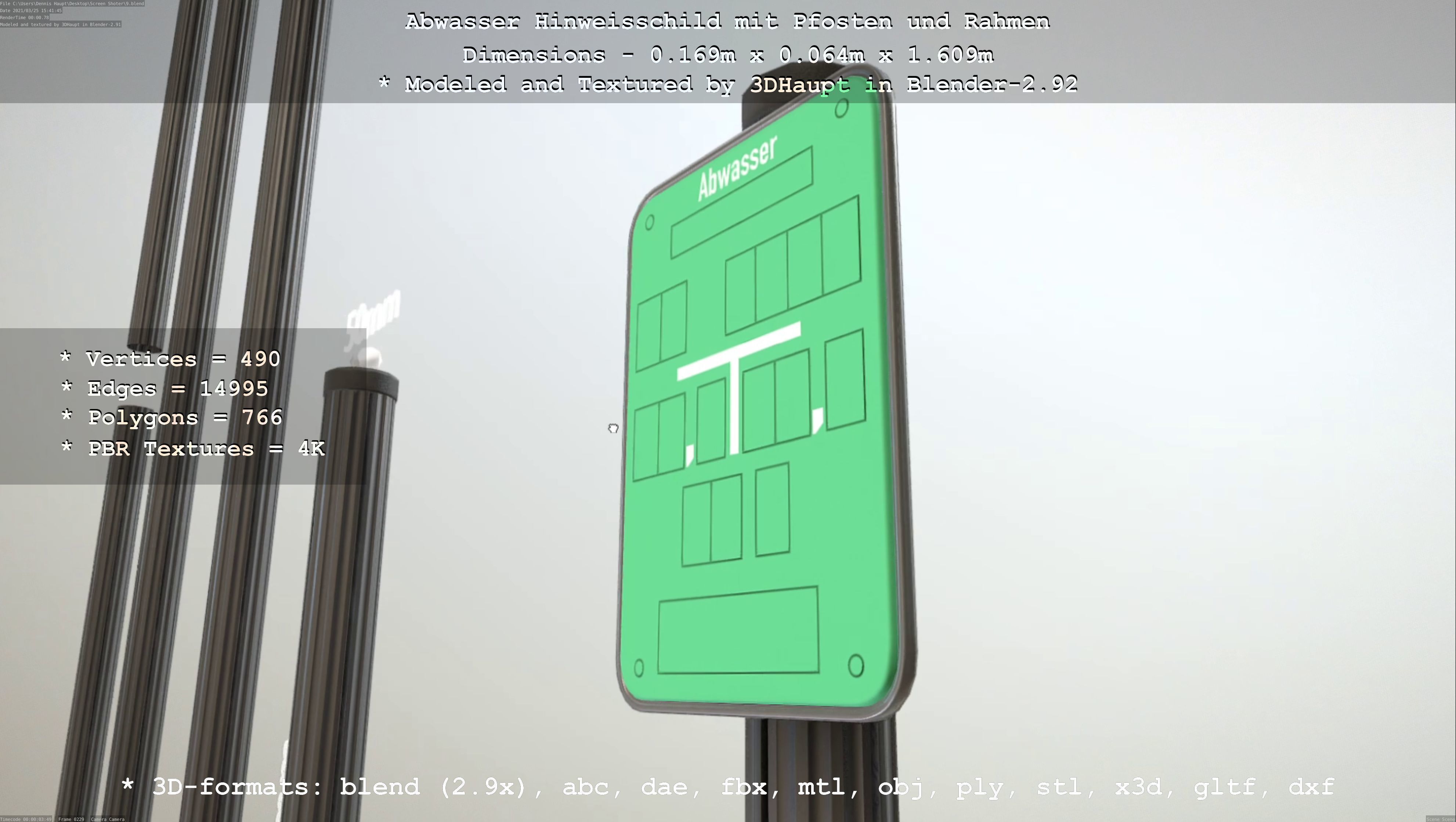 Hinweisschild Abwasser mit Pfosten und Rahmen Low-poly 3D model_35