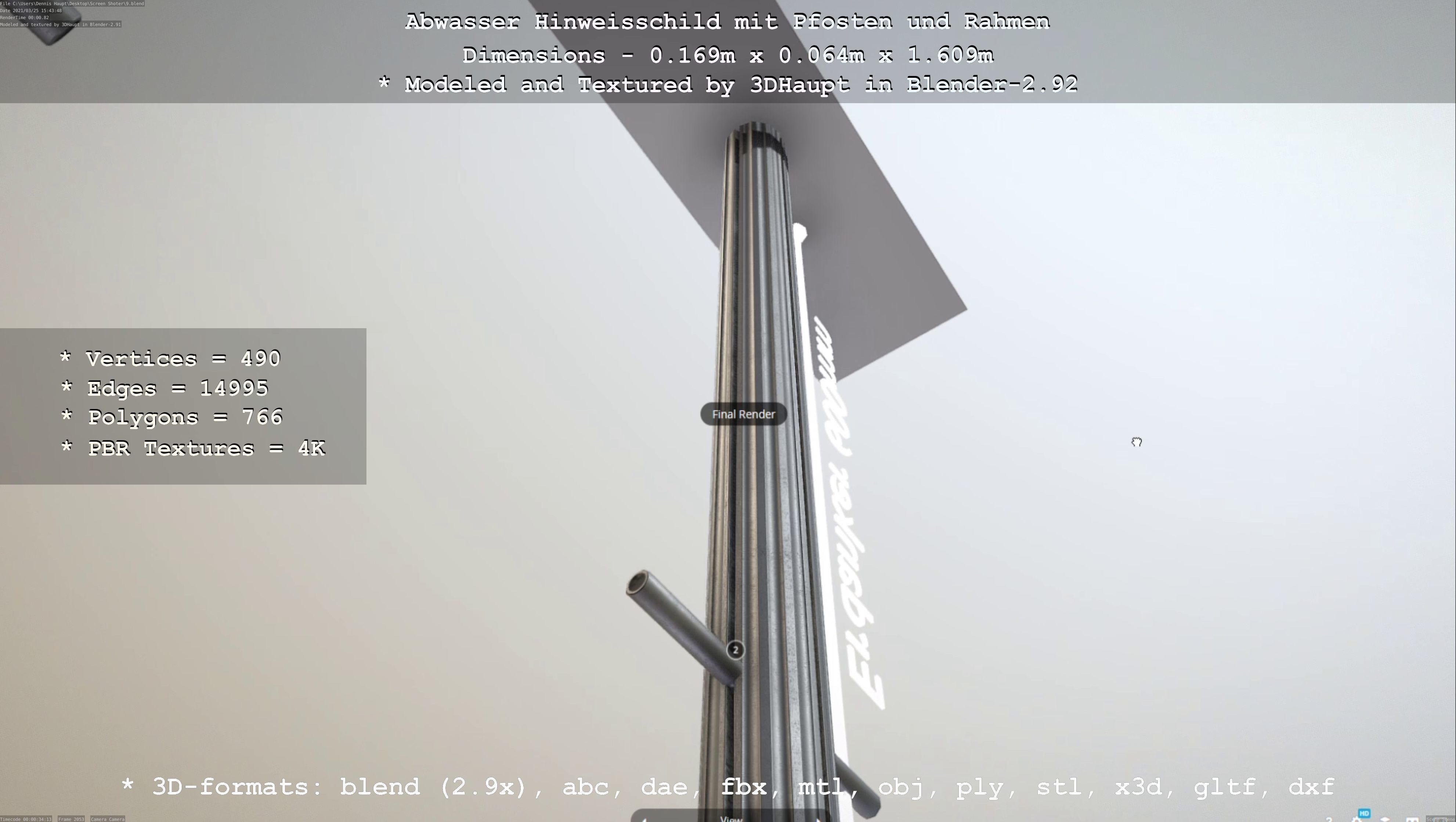 Hinweisschild Abwasser mit Pfosten und Rahmen Low-poly 3D model_56