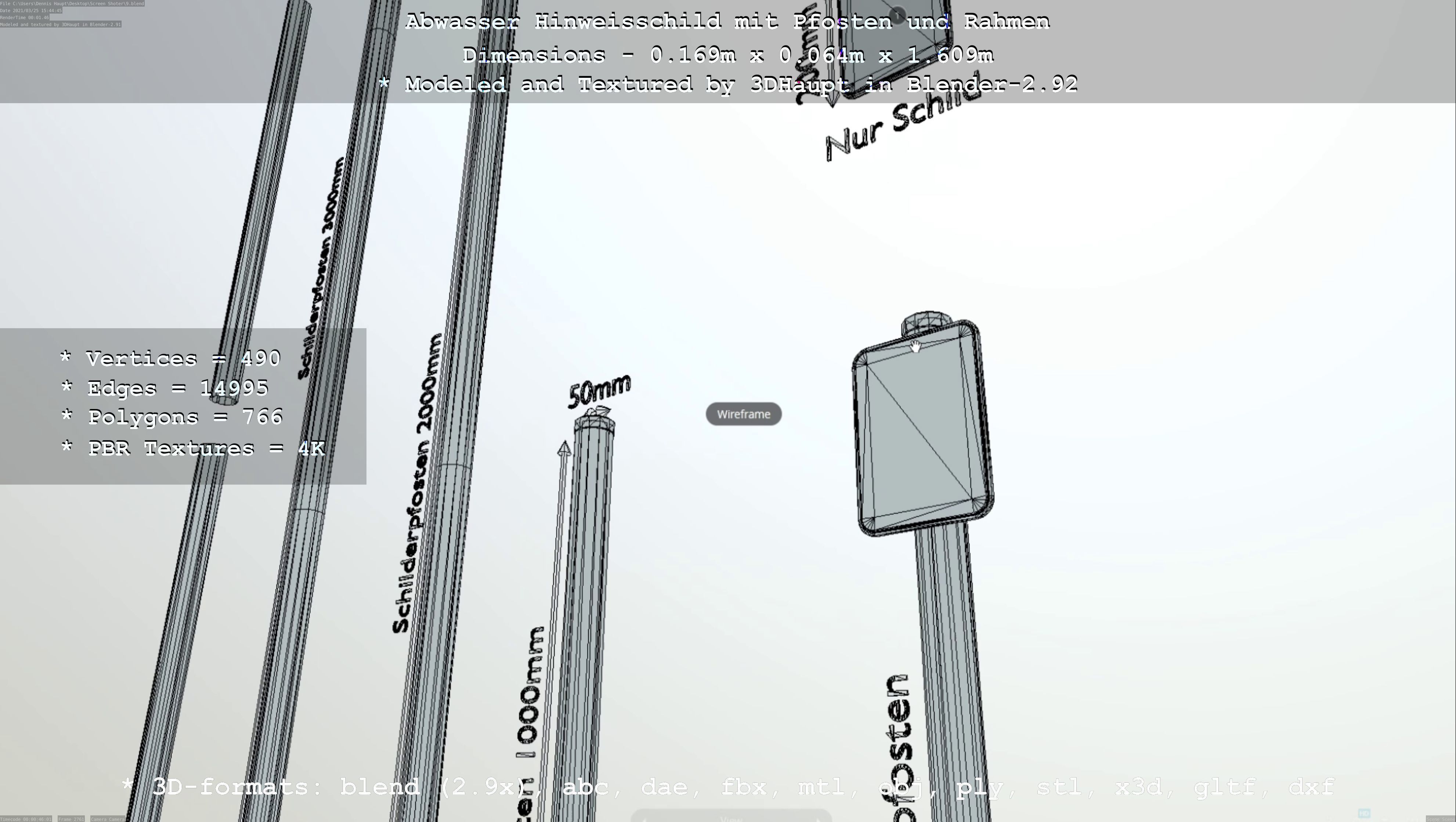 Hinweisschild Abwasser mit Pfosten und Rahmen Low-poly 3D model_85