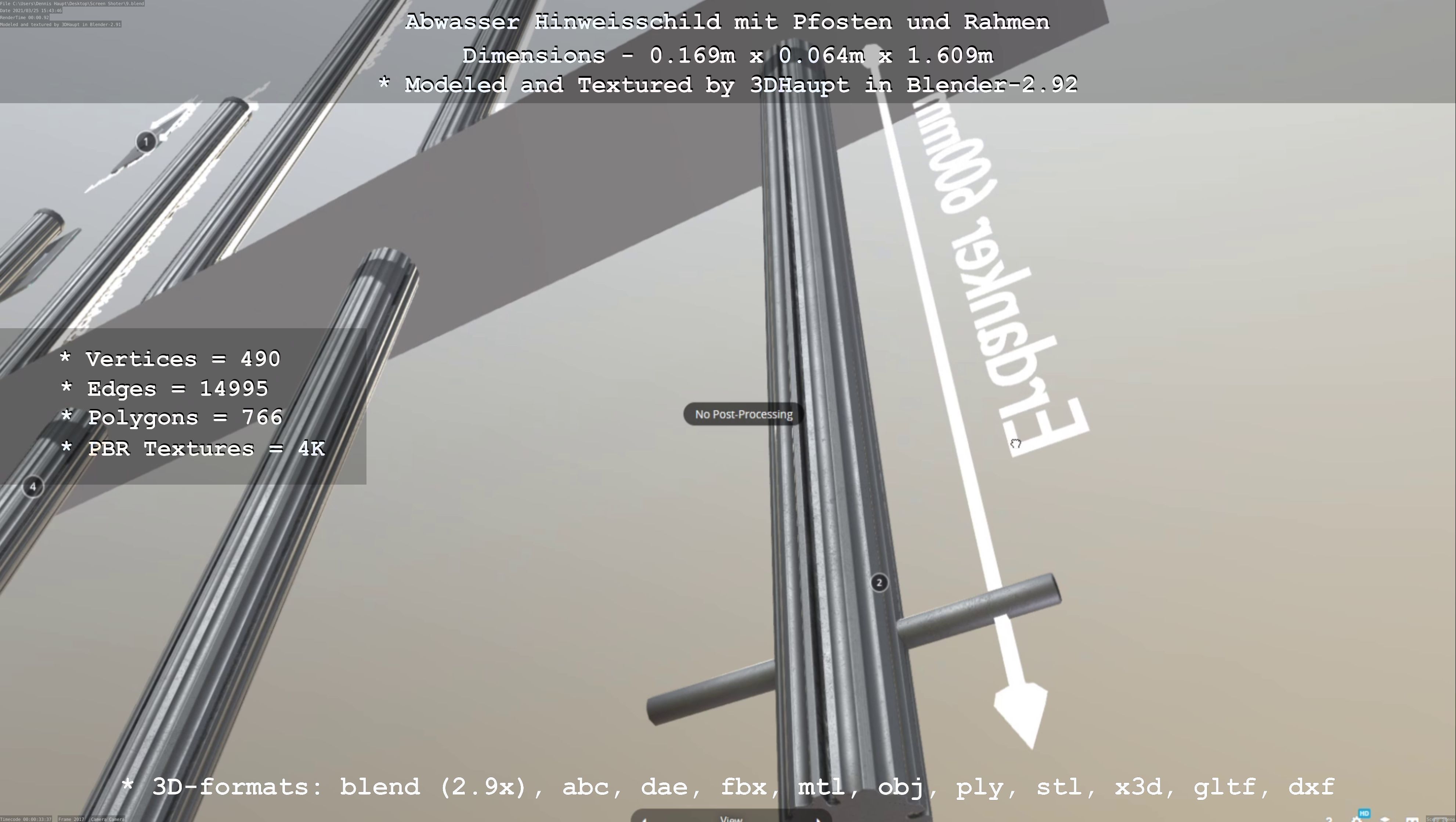 Hinweisschild Abwasser mit Pfosten und Rahmen Low-poly 3D model_18