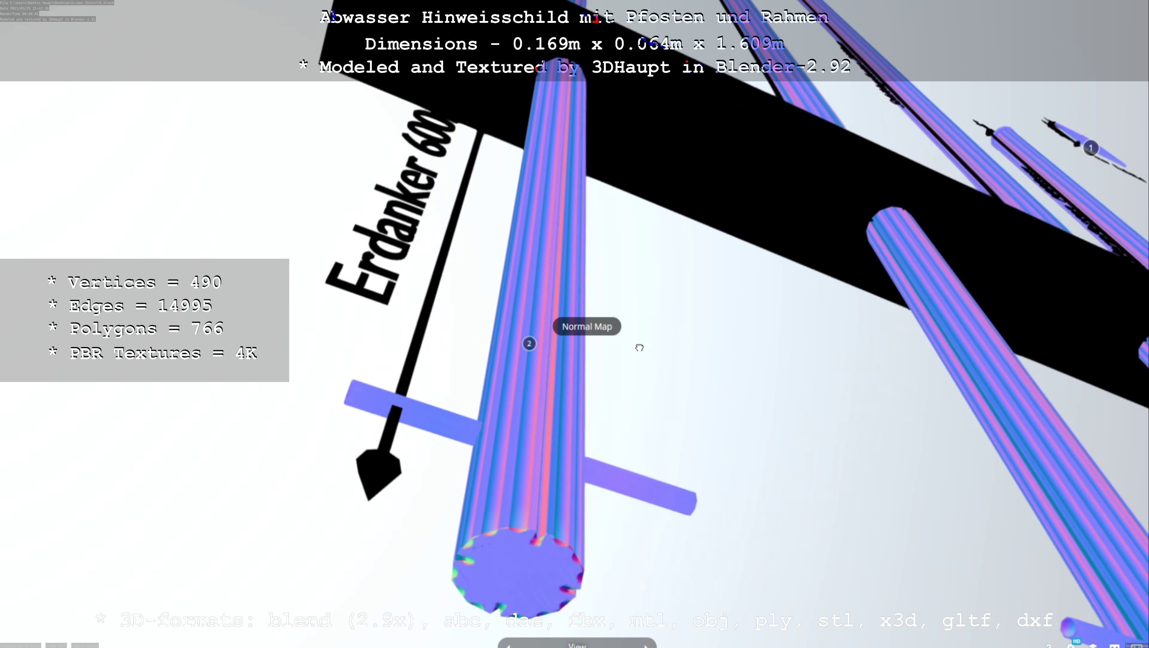 Hinweisschild Abwasser mit Pfosten und Rahmen Low-poly 3D model_54