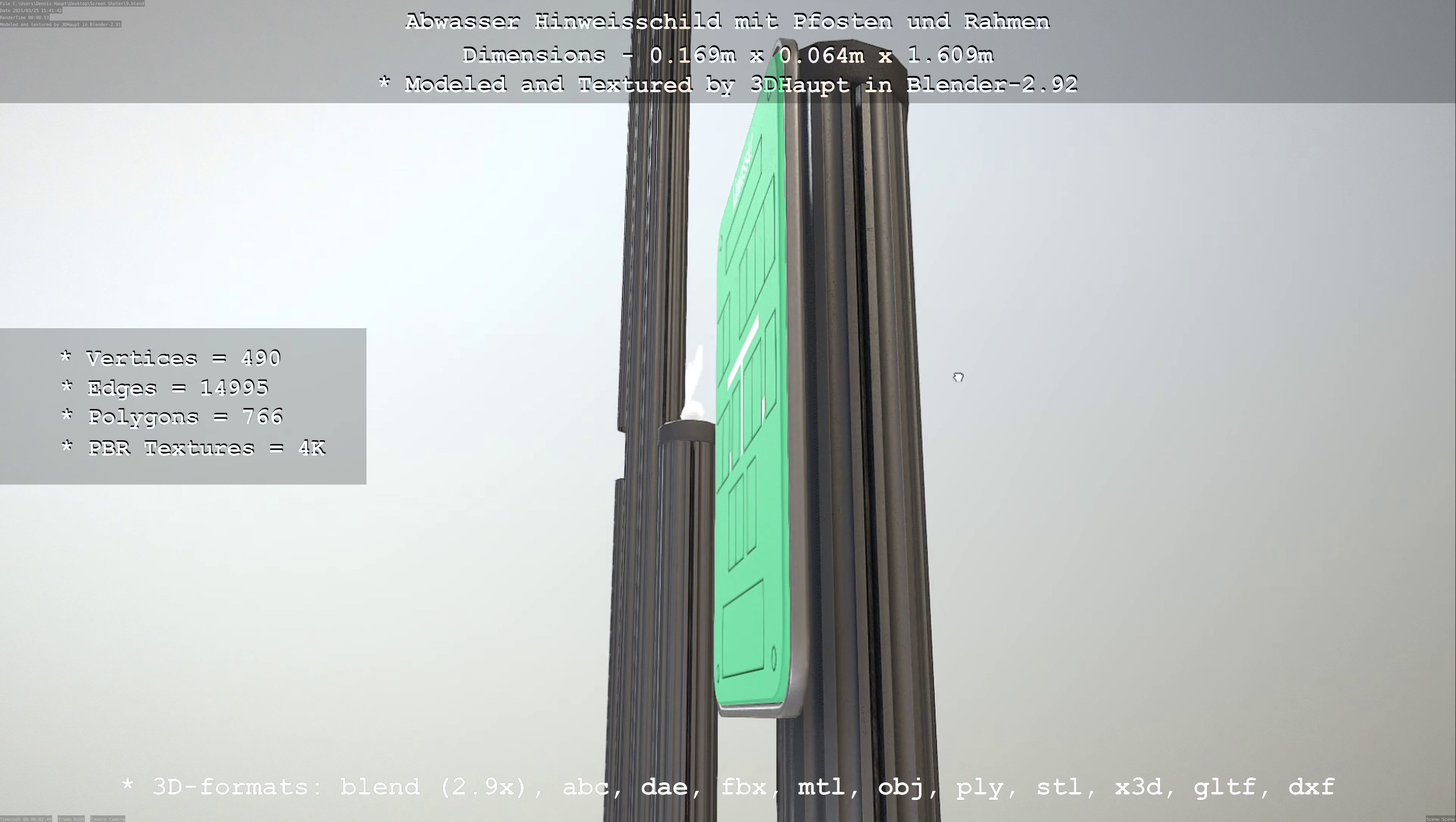 Hinweisschild Abwasser mit Pfosten und Rahmen Low-poly 3D model_24