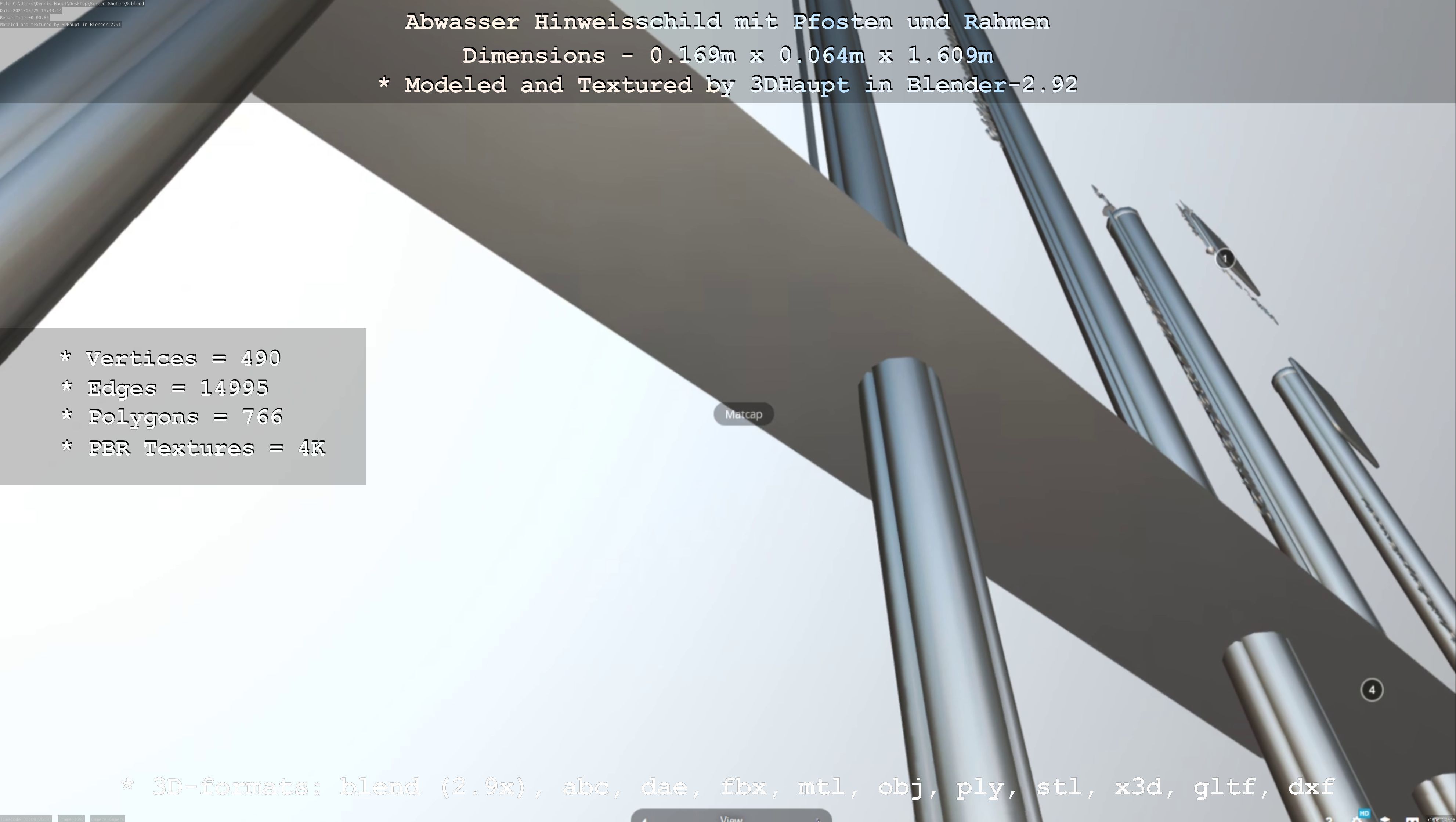 Hinweisschild Abwasser mit Pfosten und Rahmen Low-poly 3D model_15