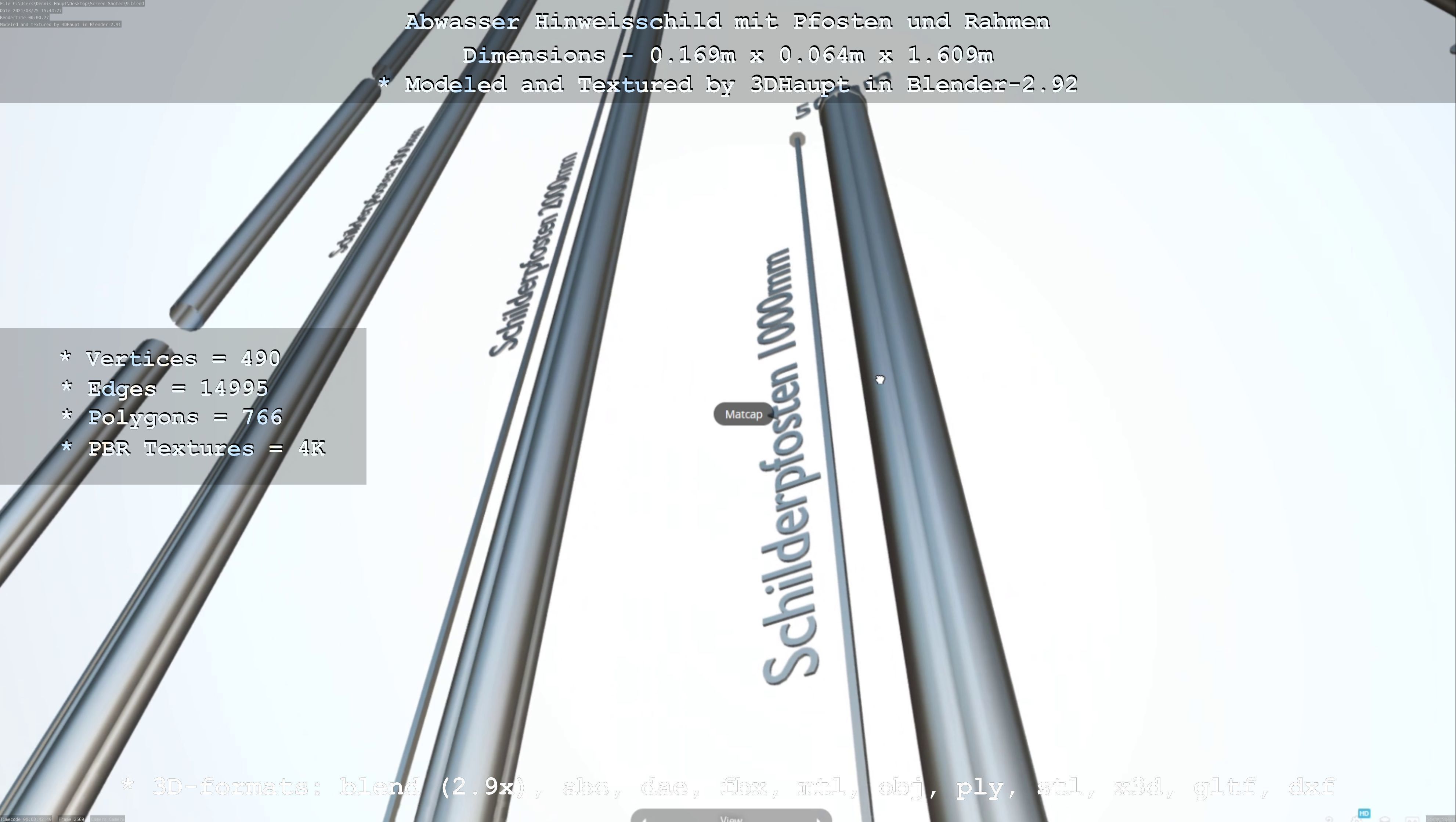 Hinweisschild Abwasser mit Pfosten und Rahmen Low-poly 3D model_75