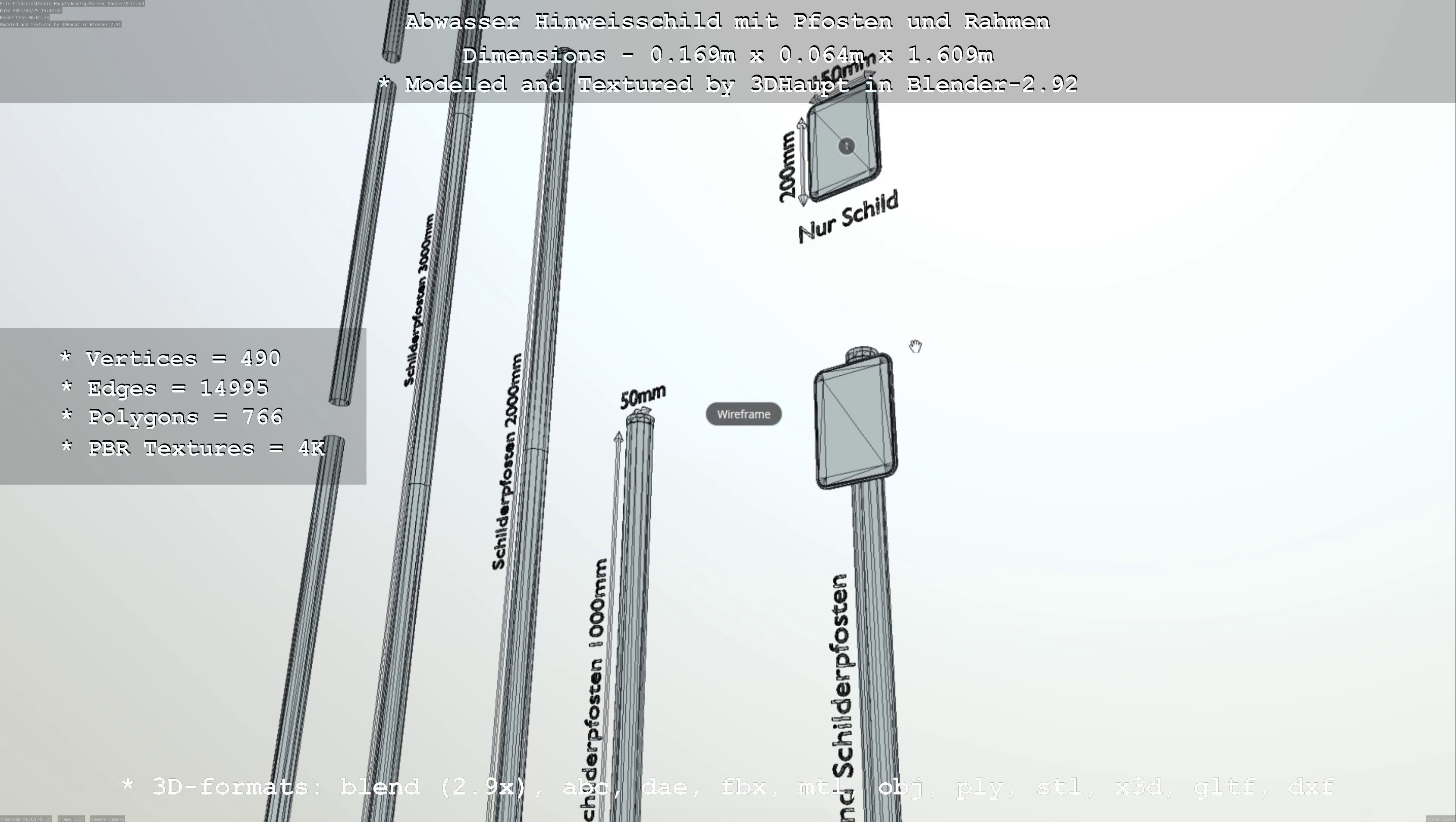 Hinweisschild Abwasser mit Pfosten und Rahmen Low-poly 3D model_81