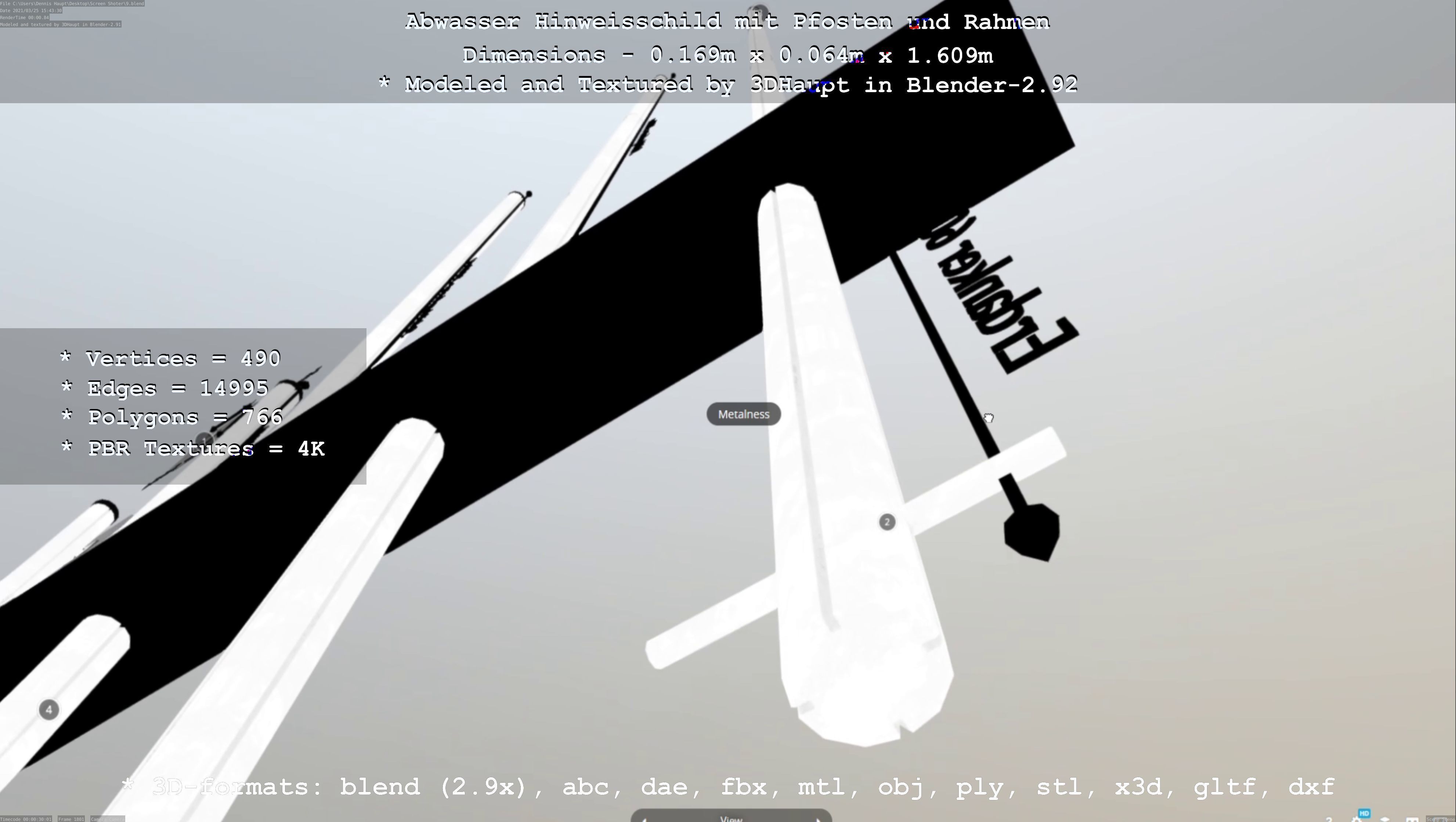 Hinweisschild Abwasser mit Pfosten und Rahmen Low-poly 3D model_52