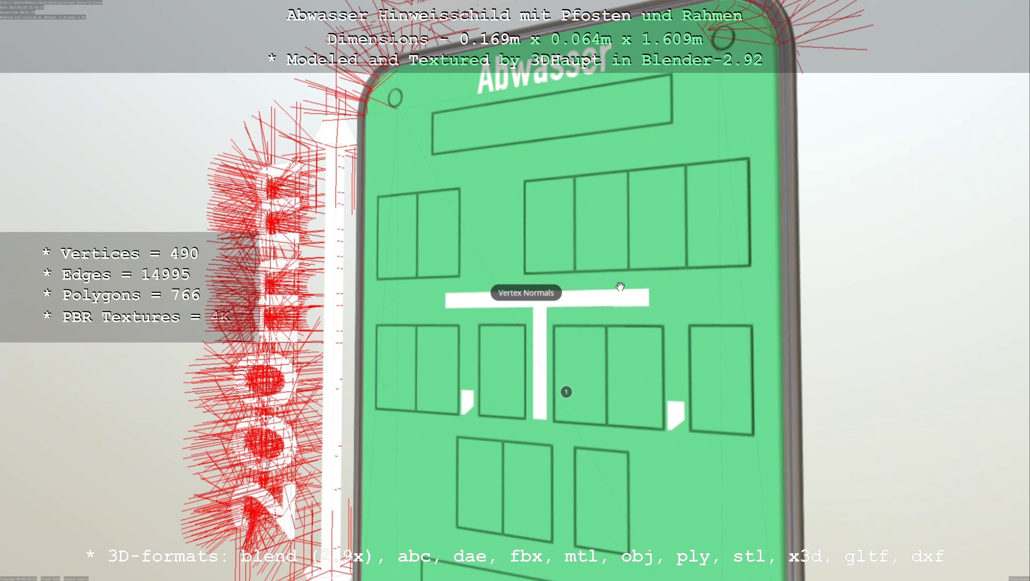 Hinweisschild Abwasser mit Pfosten und Rahmen Low-poly 3D model_98