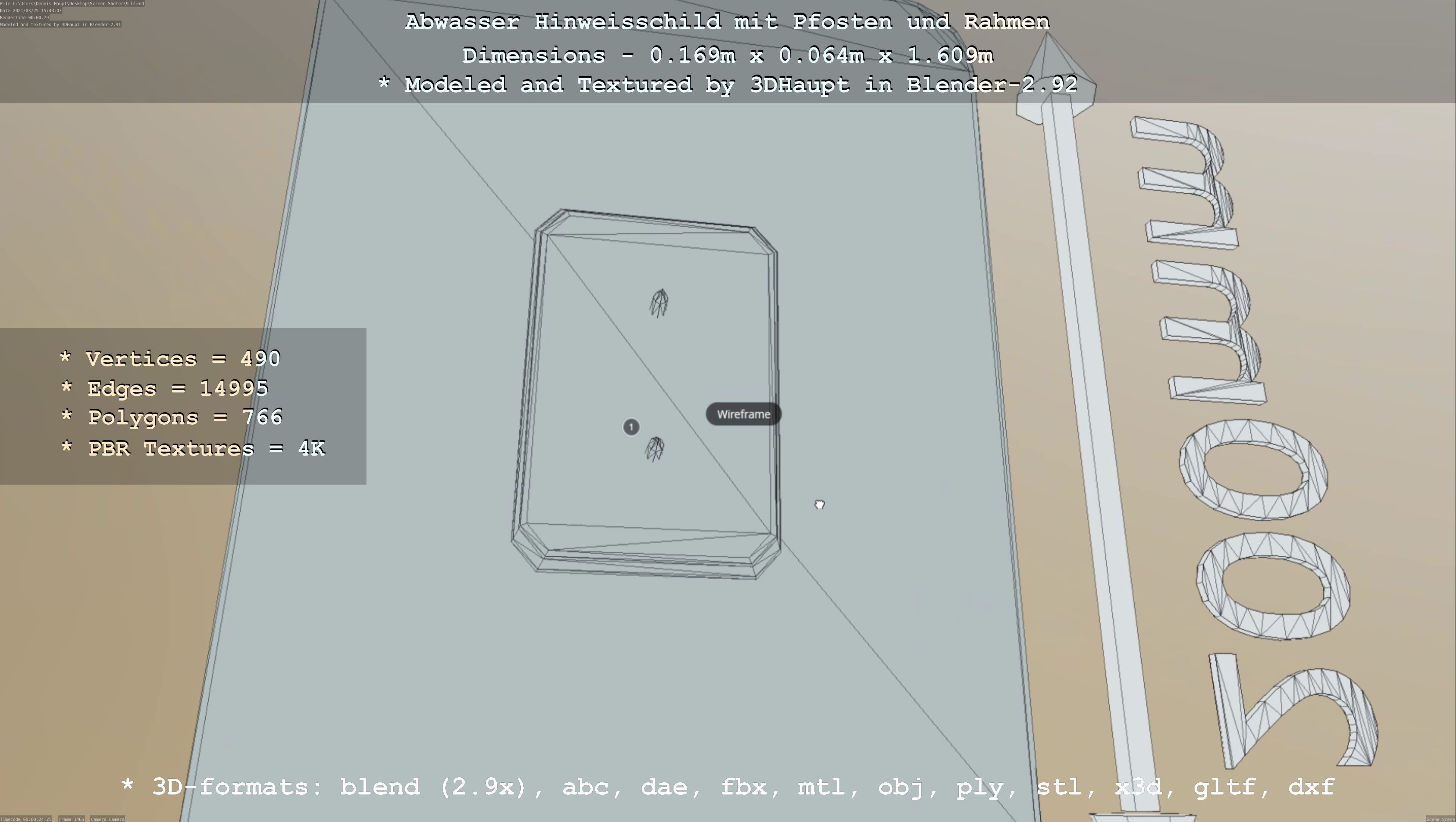 Hinweisschild Abwasser mit Pfosten und Rahmen Low-poly 3D model_45